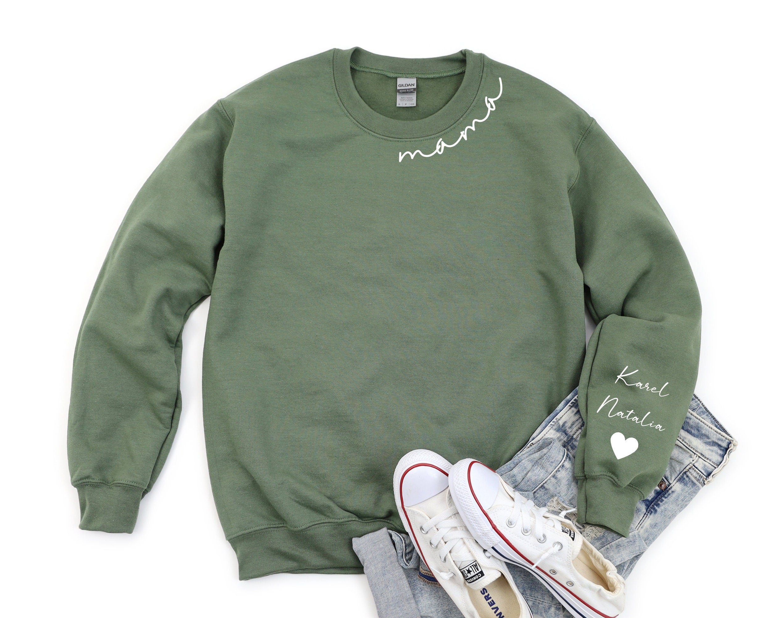 Custom Mama Sweatshirt With Kid Name On Sleeve, Personalized Mom Sweatshirt, Minimalist Momma Hoodie, Gift For Her, Christmas Gift For Mom