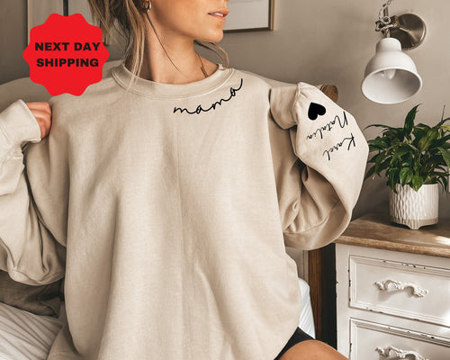 Custom Mama Sweatshirt With Kid Name On Sleeve, Personalized Mom Sweatshirt, Minimalist Momma Hoodie, Gift For Her, Christmas Gift For Mom