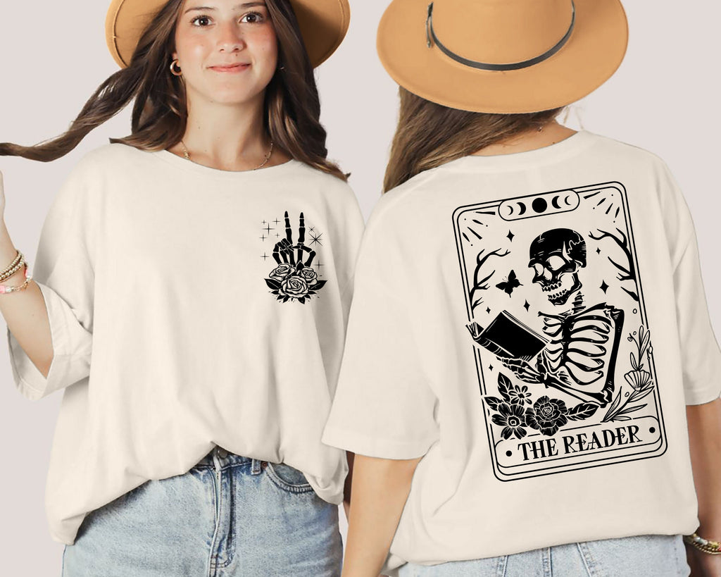 The Reader Tarot Card Front And Back Printing  Shirt, Skeleton Reading T-shirt, Book Lover Gift For Women, Book Lover Tee, Tarot Card Shirt