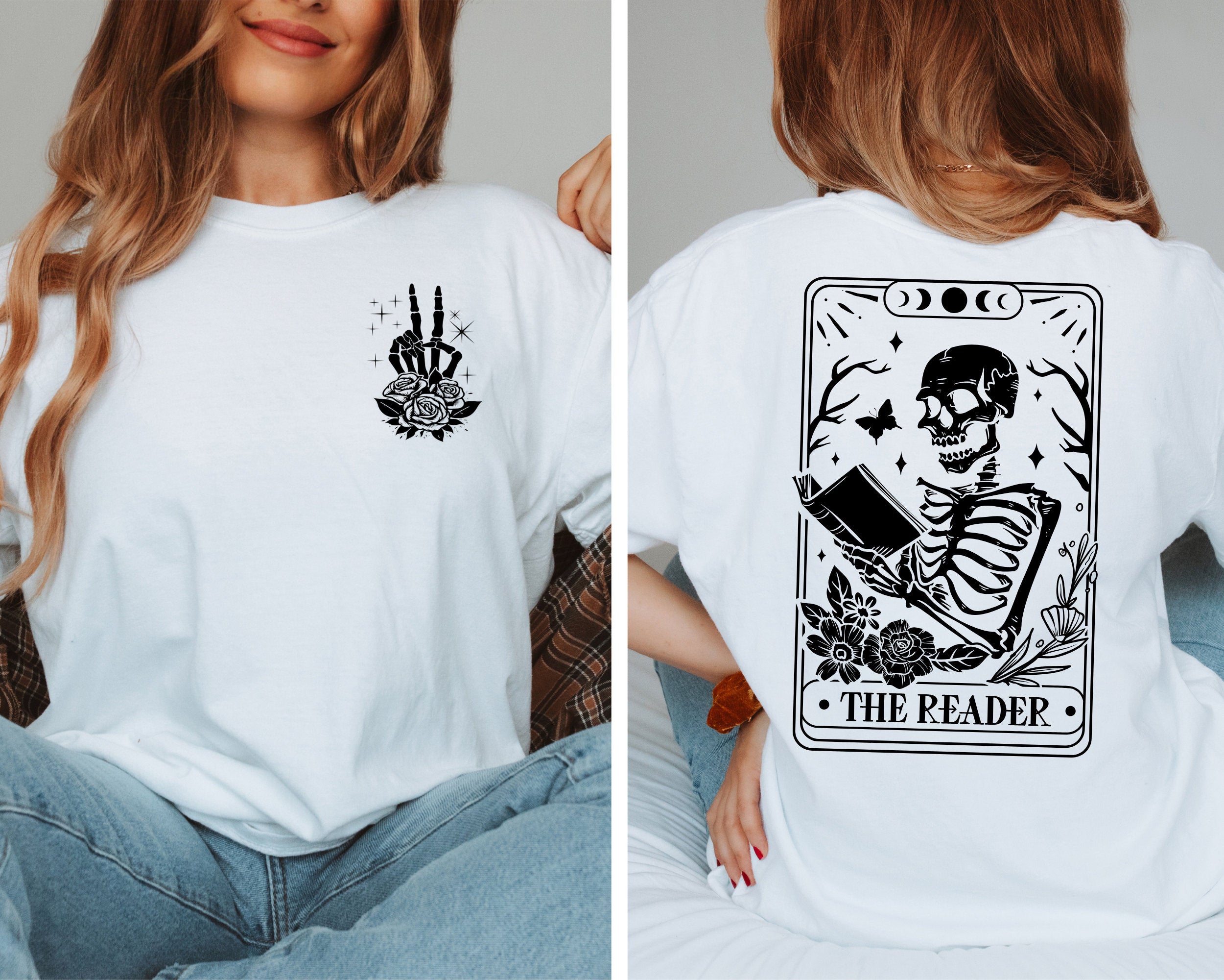 The Reader Tarot Card Front And Back Printing  Shirt, Skeleton Reading T-shirt, Book Lover Gift For Women, Book Lover Tee, Tarot Card Shirt