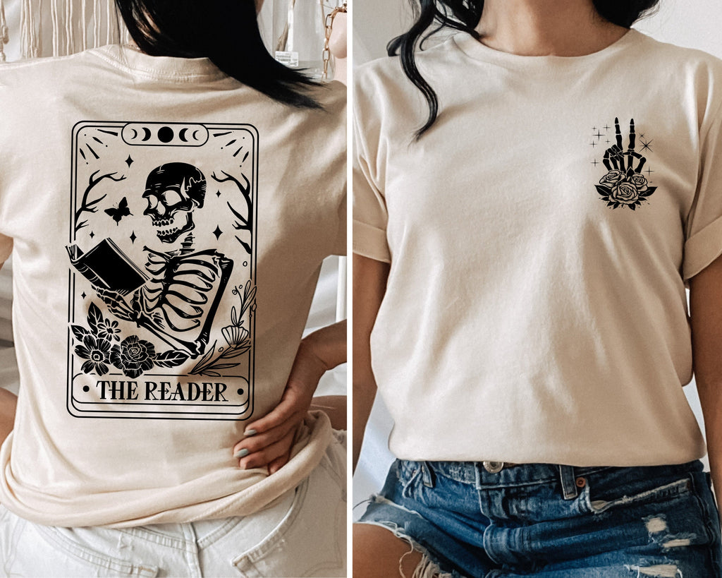 The Reader Tarot Card Front And Back Printing  Shirt, Skeleton Reading T-shirt, Book Lover Gift For Women, Book Lover Tee, Tarot Card Shirt