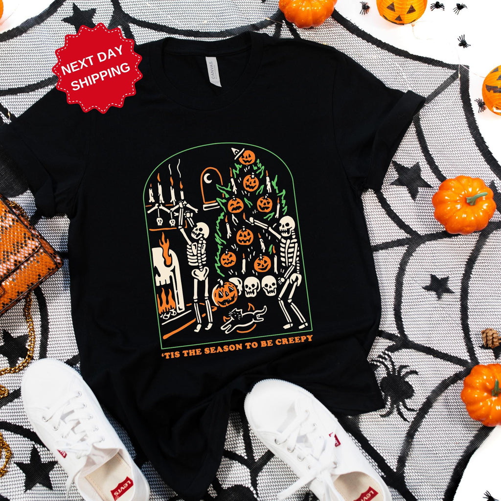 Tis the Season to be Creepy Shirt, Dead Inside Funny Halloween Shirt,  Black Spooky Season Apparel, Skeleton Tshirt, Fall Shirt