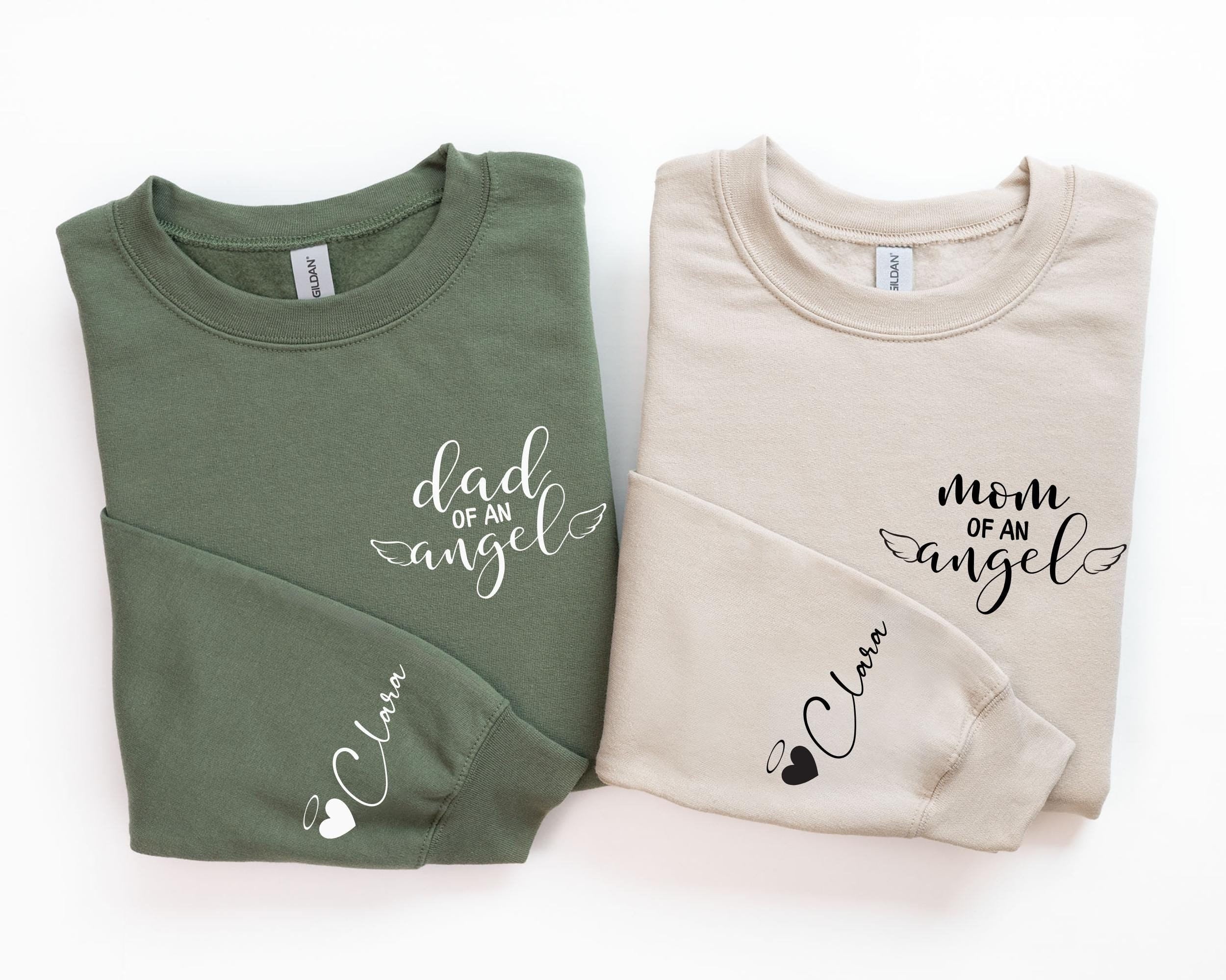Customized Mom of An Angel and Dad of An Angel Sweatshirt, Personalized Baby Memorial Hoodie, Mourning Themed Name on Sleeve Shirt for Women