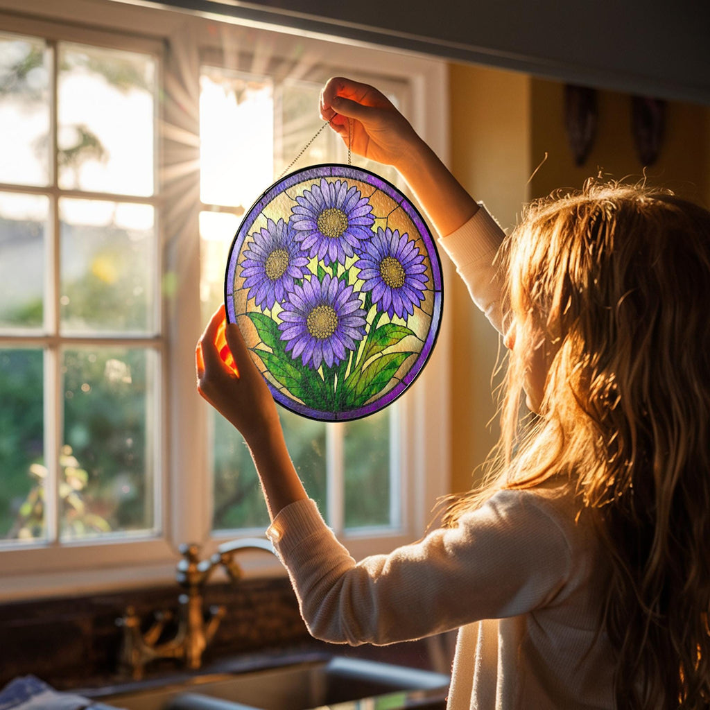 Purple Asters Stained Glass Suncatcher, Aster September Birth Month Flower Window Hanging, Flower Lovers Gift, Aster Suncatcher Yard Decor