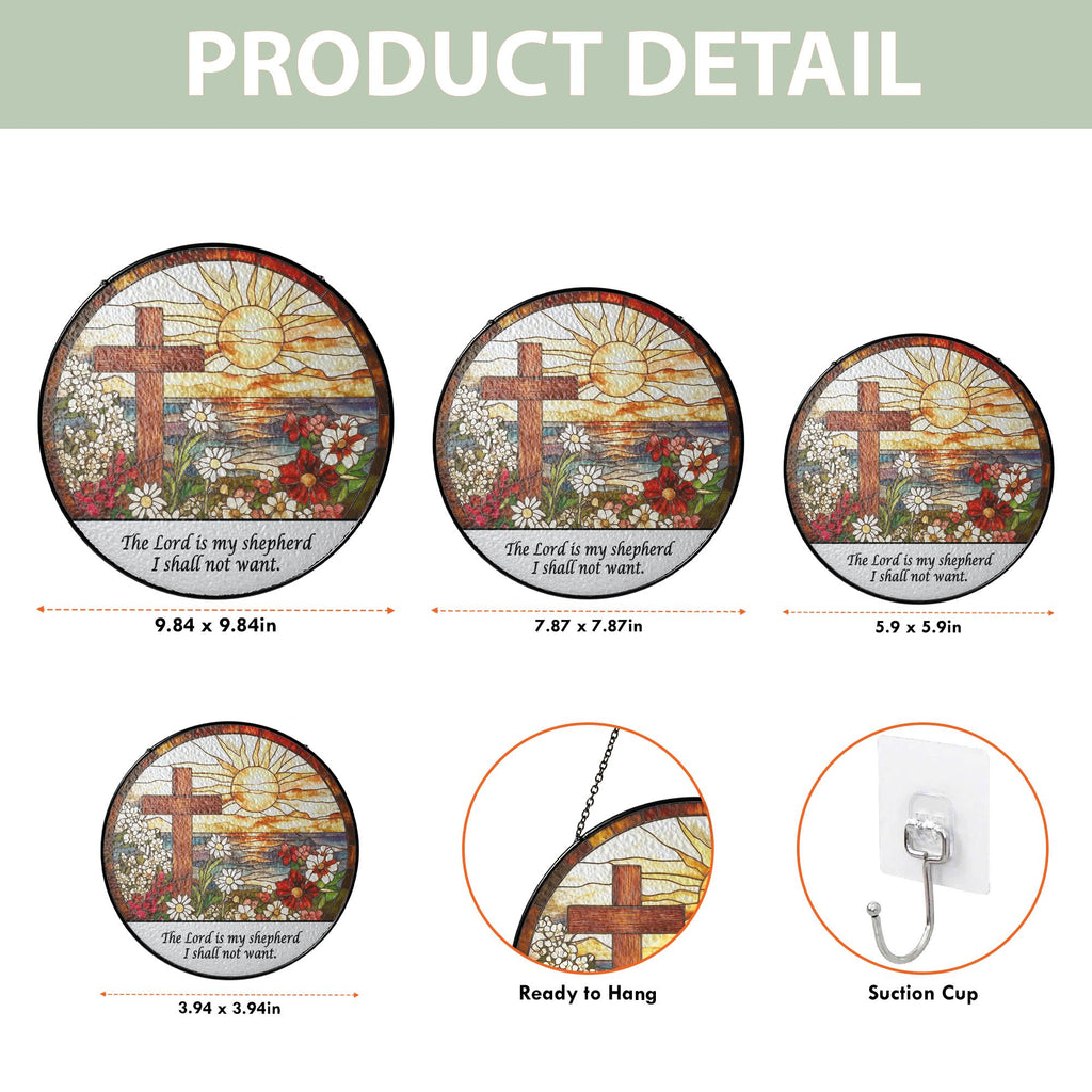 Custom Christian Cross Suncatcher, Religious Window Hanging with Flowers and Sunrise, Memorial Faith Gift for Believers