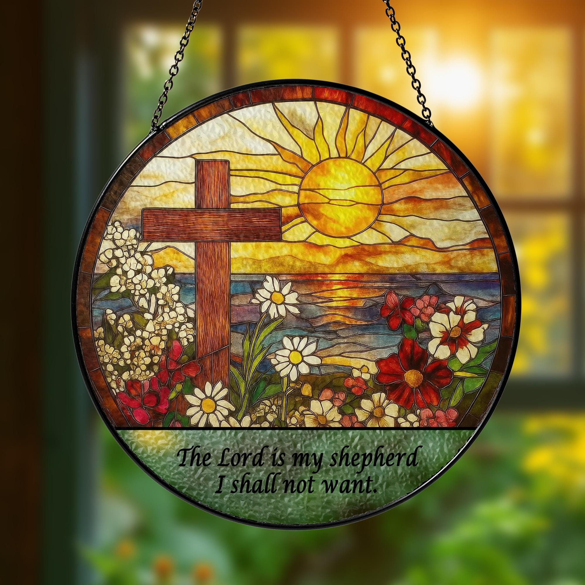 Custom Christian Cross Suncatcher, Religious Window Hanging with Flowers and Sunrise, Memorial Faith Gift for Believers