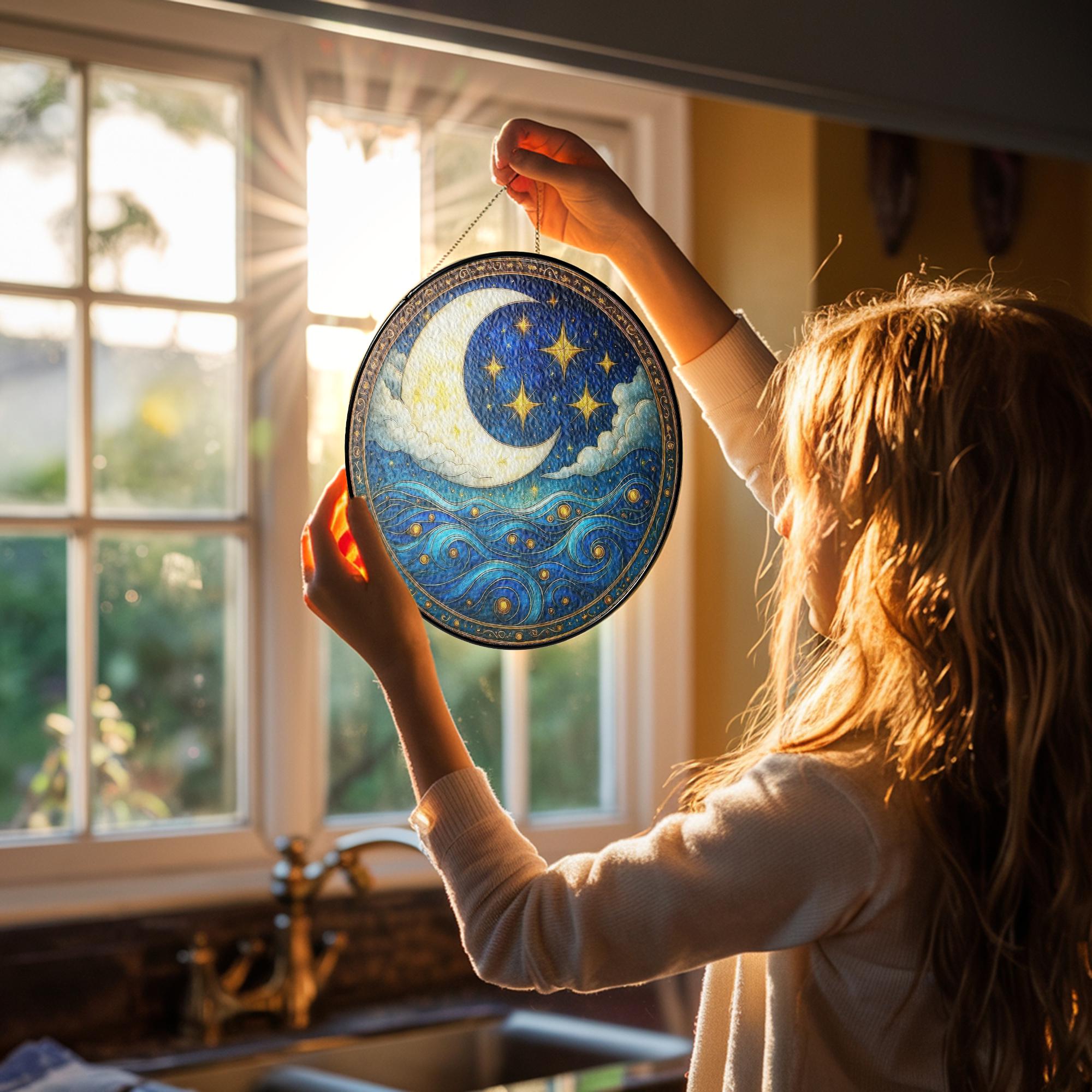 Moon and Star Stained Glass Suncatcher, Suncatcher Glass Gift for Friend, Spiritual Home Decor for Windows, Celestial Night Sky Ornament