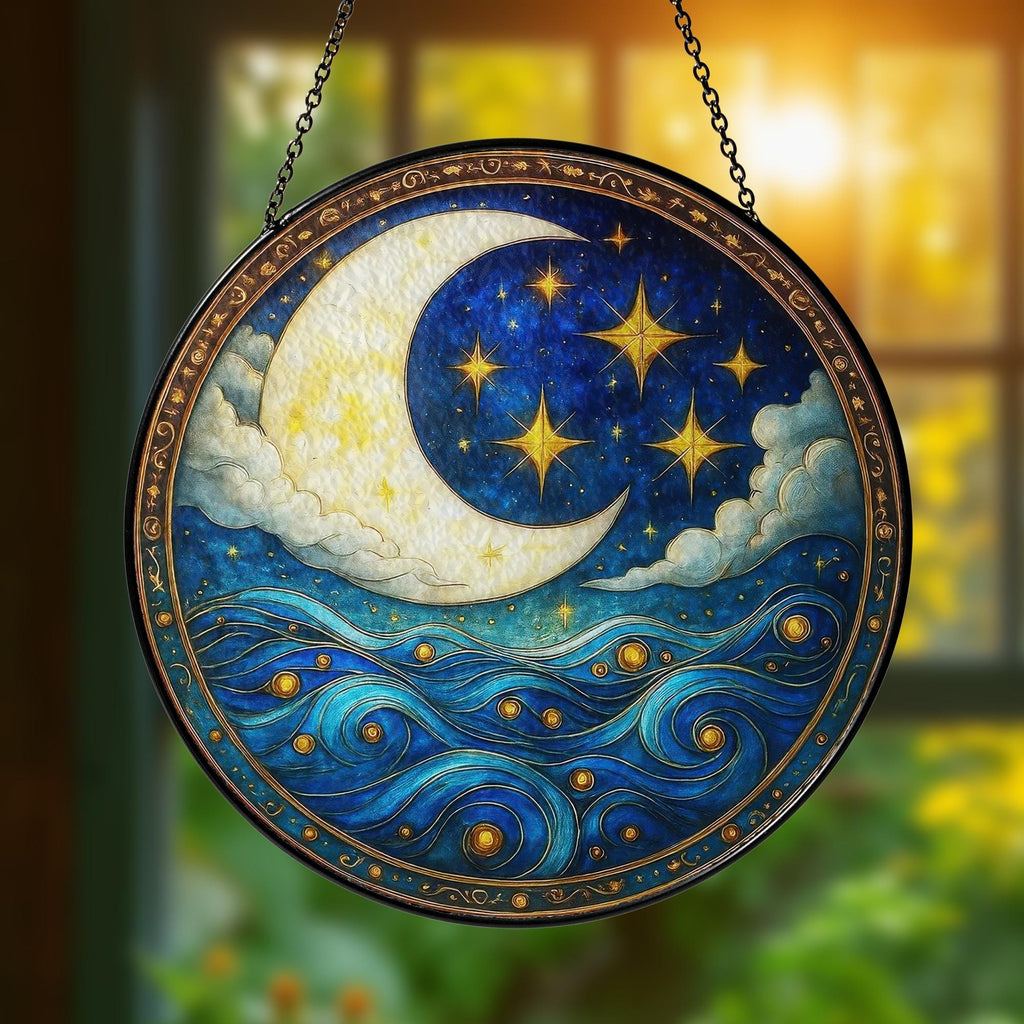 Moon and Star Stained Glass Suncatcher, Suncatcher Glass Gift for Friend, Spiritual Home Decor for Windows, Celestial Night Sky Ornament