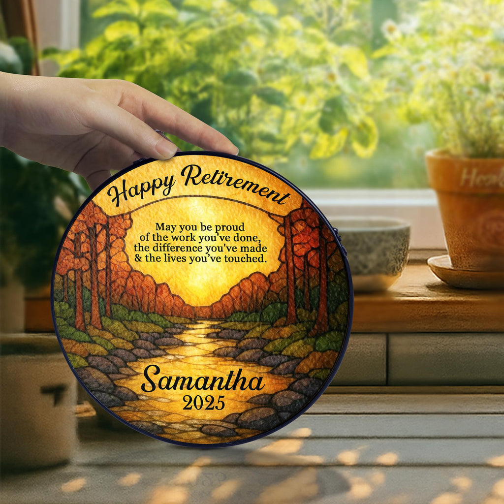 Personalized Stained Glass Suncatcher for Retired Coworker, Retirement Gifts 2025, Retirement Keepsake, Custom Office Decor