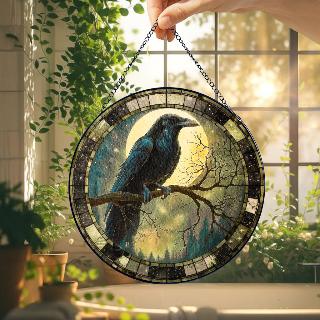 Raven and Full Moon Stained Glass Suncatcher, Gothic Bird Window Hanging, Dark Forest Witchy Decor, Mystical Halloween Gift for Raven Lover
