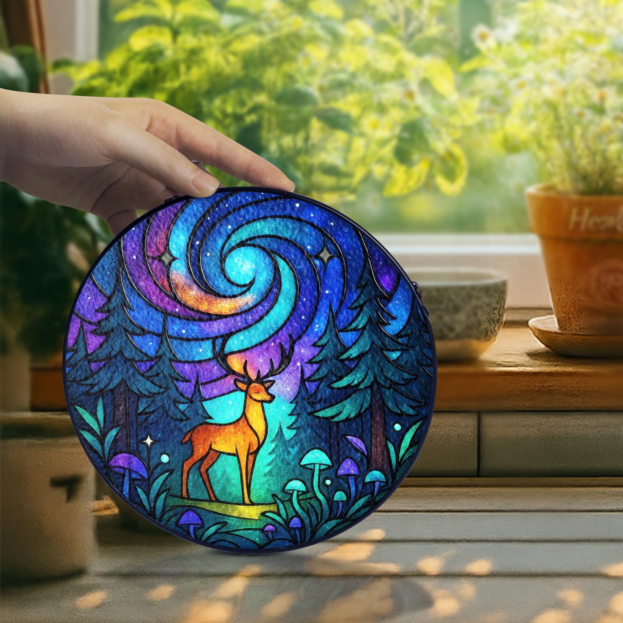 Galaxy Deer Stained Glass Suncatcher, Mystical Forest Window Hanging, Celestial Woodland Decor, Spiritual Wildlife Gift for Nature Lovers