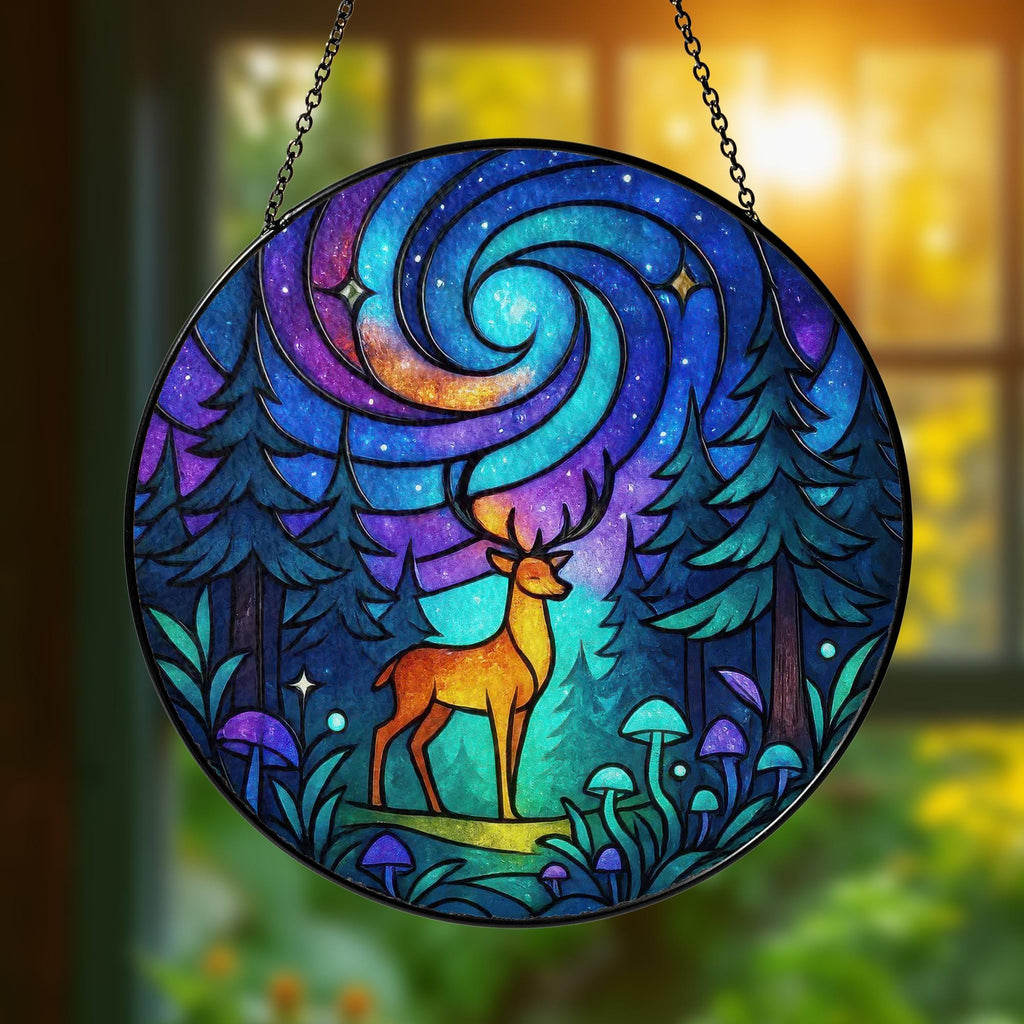Galaxy Deer Stained Glass Suncatcher, Mystical Forest Window Hanging, Celestial Woodland Decor, Spiritual Wildlife Gift for Nature Lovers