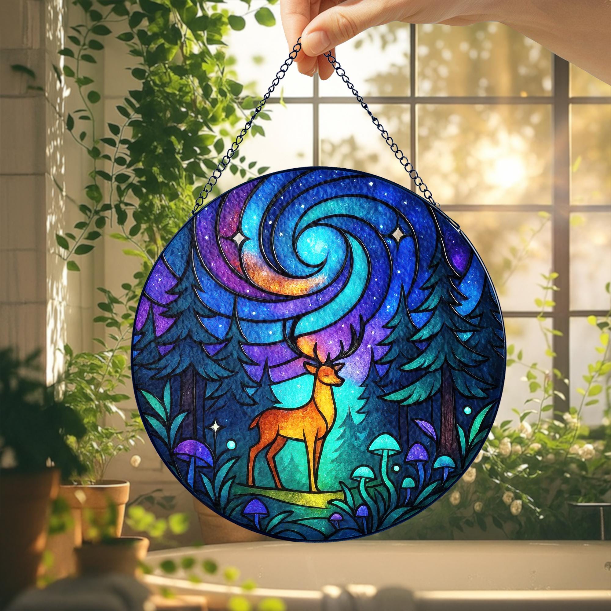 Galaxy Deer Stained Glass Suncatcher, Mystical Forest Window Hanging, Celestial Woodland Decor, Spiritual Wildlife Gift for Nature Lovers