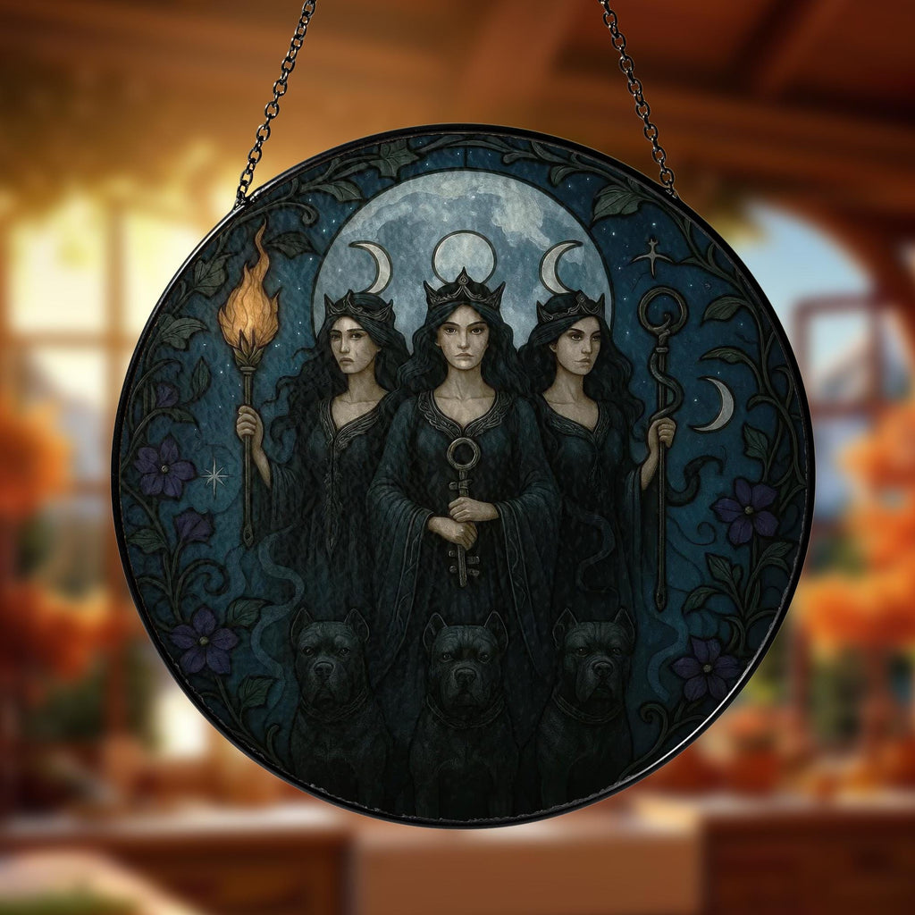 Triple Moon Stained Glass Suncatcher, Goddess of Witchcraft Hanging Window Decor, Pagan Wiccan Gift, Dark Feminine Energy Ornament