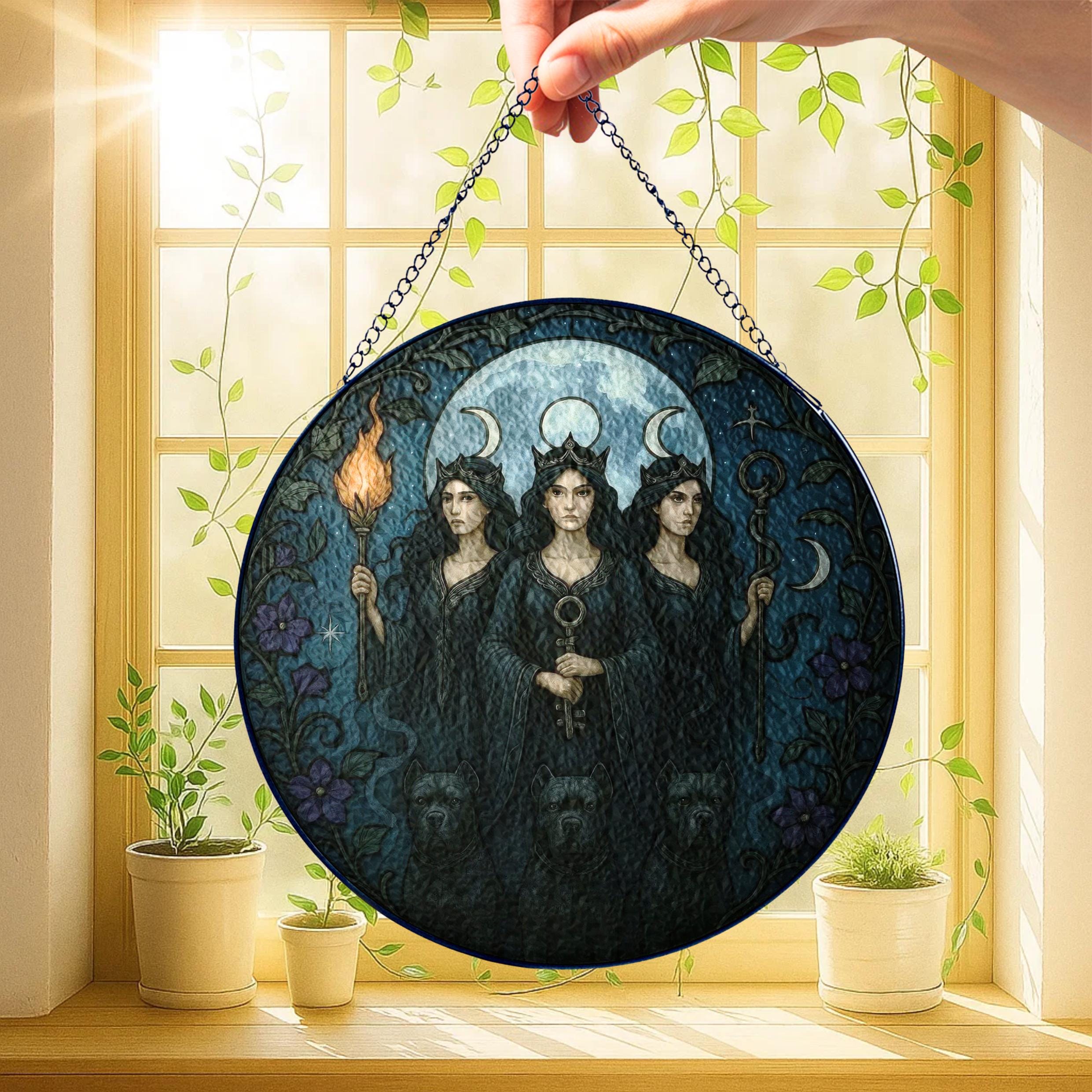 Triple Moon Stained Glass Suncatcher, Goddess of Witchcraft Hanging Window Decor, Pagan Wiccan Gift, Dark Feminine Energy Ornament