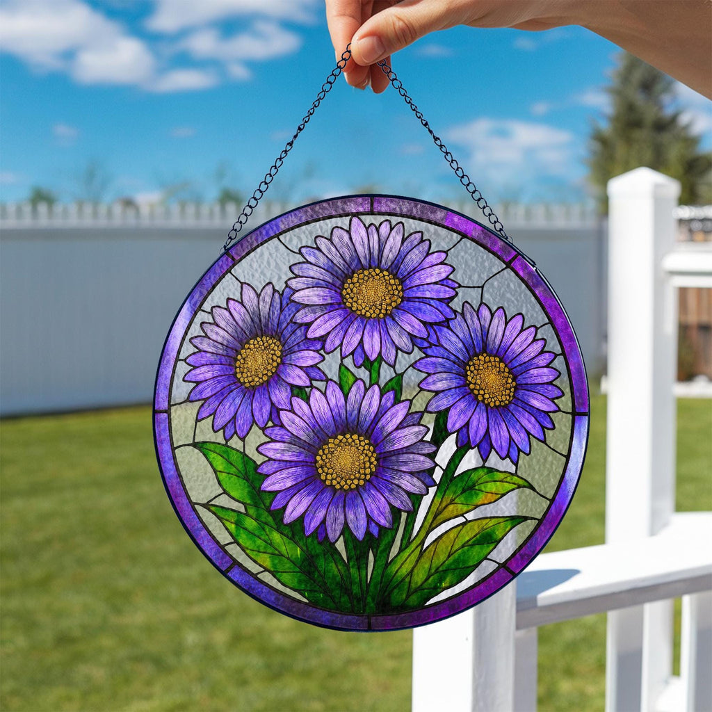 Purple Asters Stained Glass Suncatcher, Aster September Birth Month Flower Window Hanging, Flower Lovers Gift, Aster Suncatcher Yard Decor