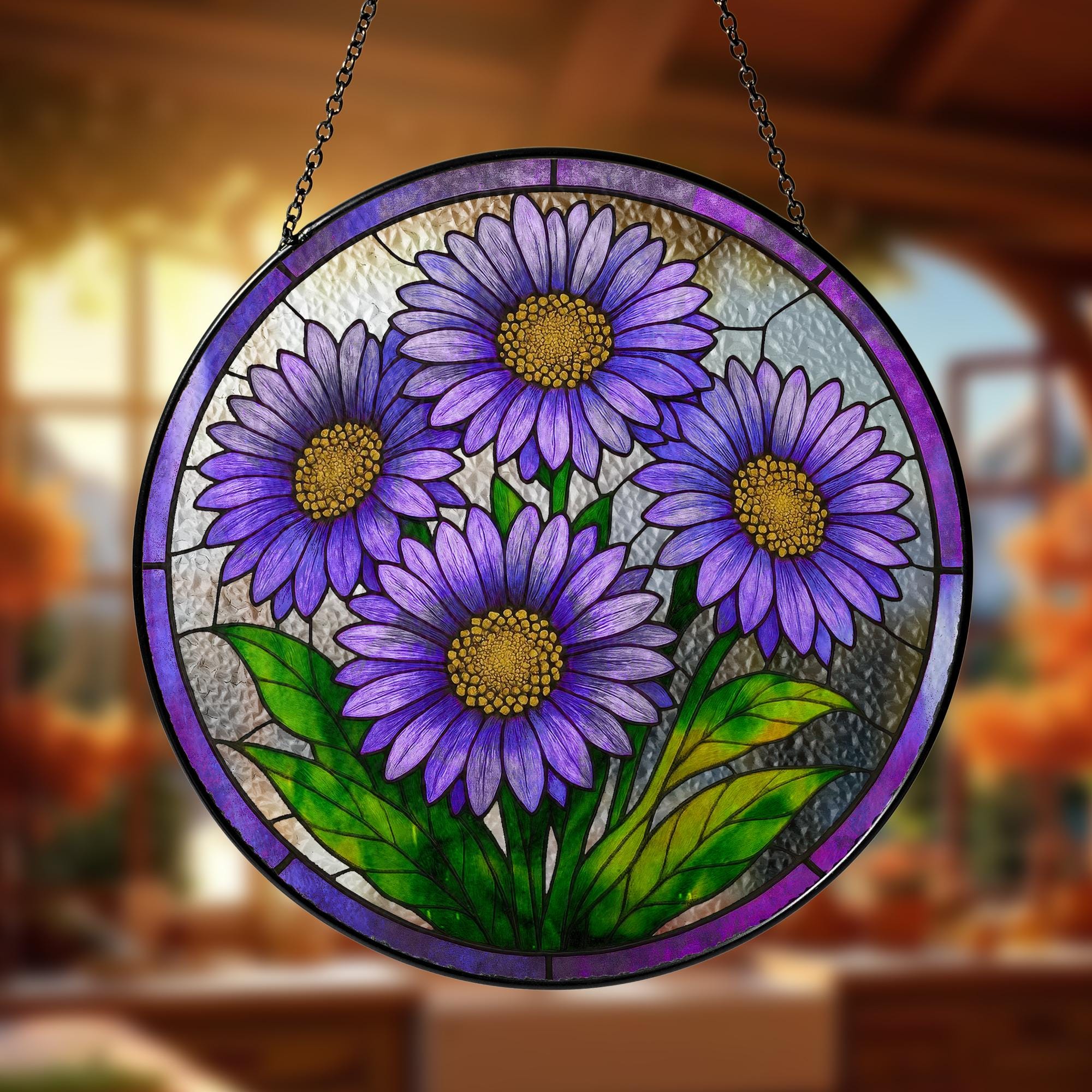 Purple Asters Stained Glass Suncatcher, Aster September Birth Month Flower Window Hanging, Flower Lovers Gift, Aster Suncatcher Yard Decor