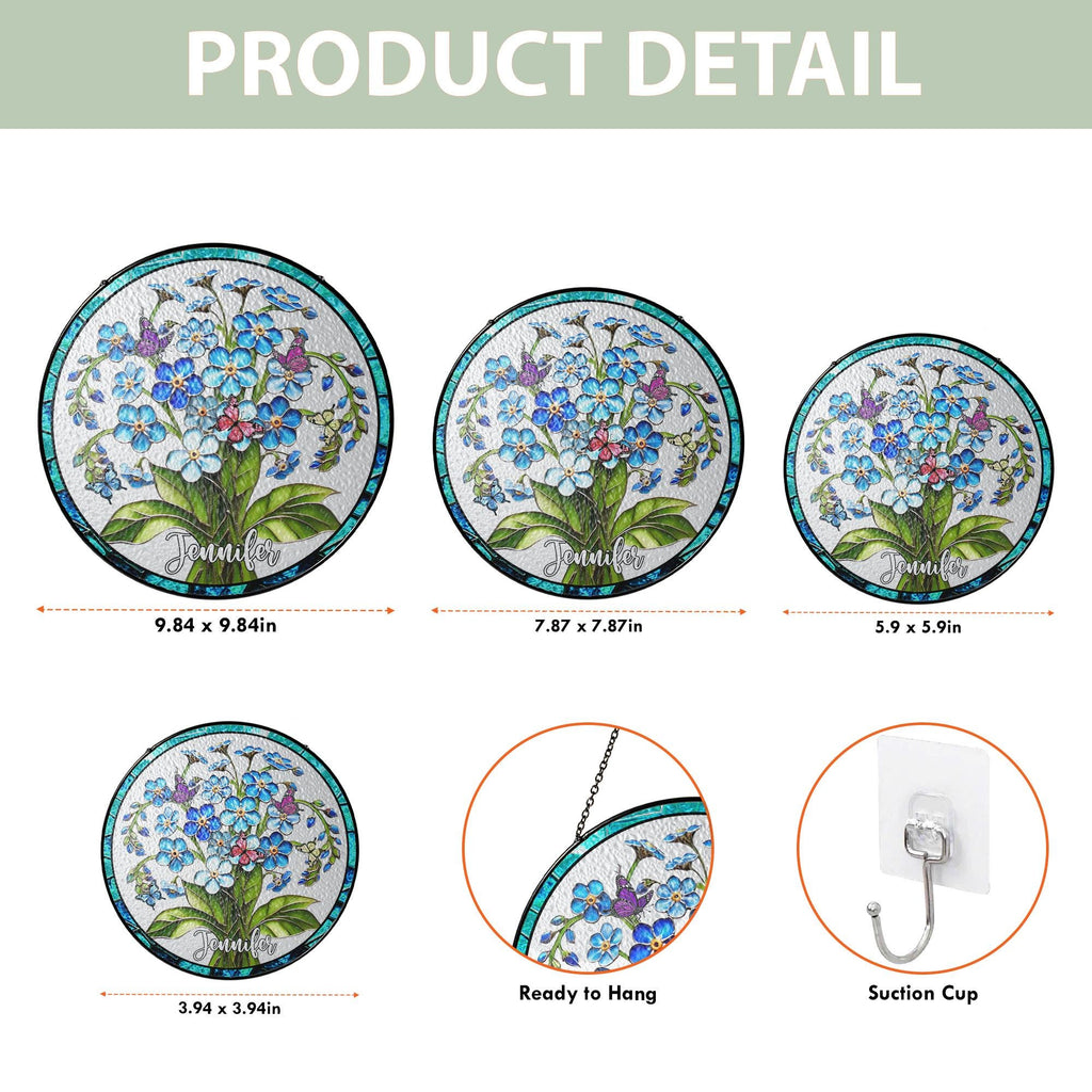 Personalized Forget Me Not Flower Stained Glass Suncatcher with Butterflies, Custom Name Floral Window Hanging Gift