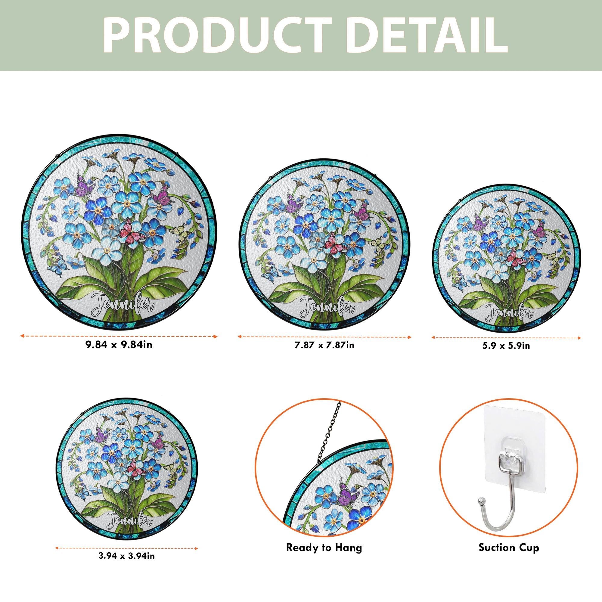 Personalized Forget Me Not Flower Stained Glass Suncatcher with Butterflies, Custom Name Floral Window Hanging Gift