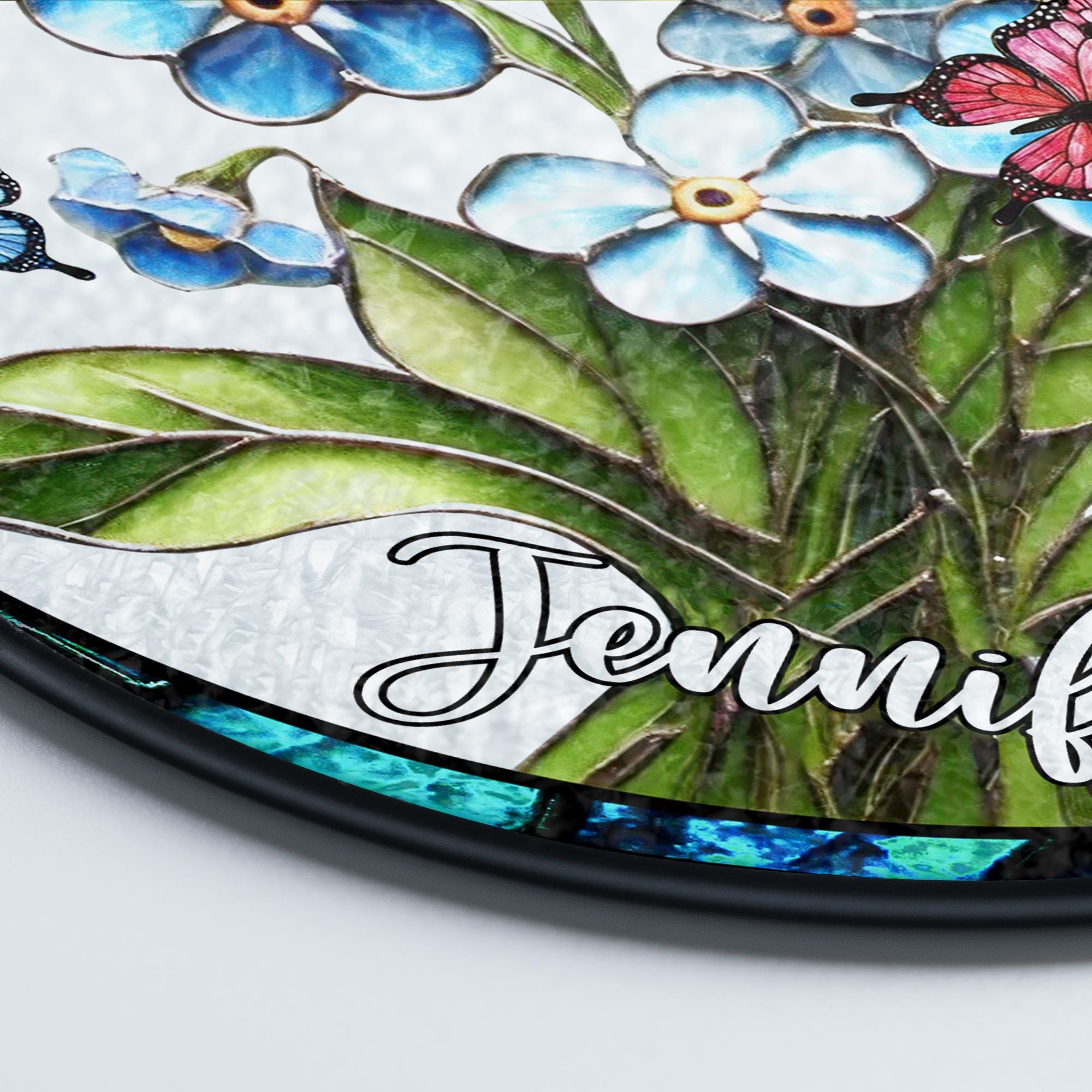 Personalized Forget Me Not Flower Stained Glass Suncatcher with Butterflies, Custom Name Floral Window Hanging Gift