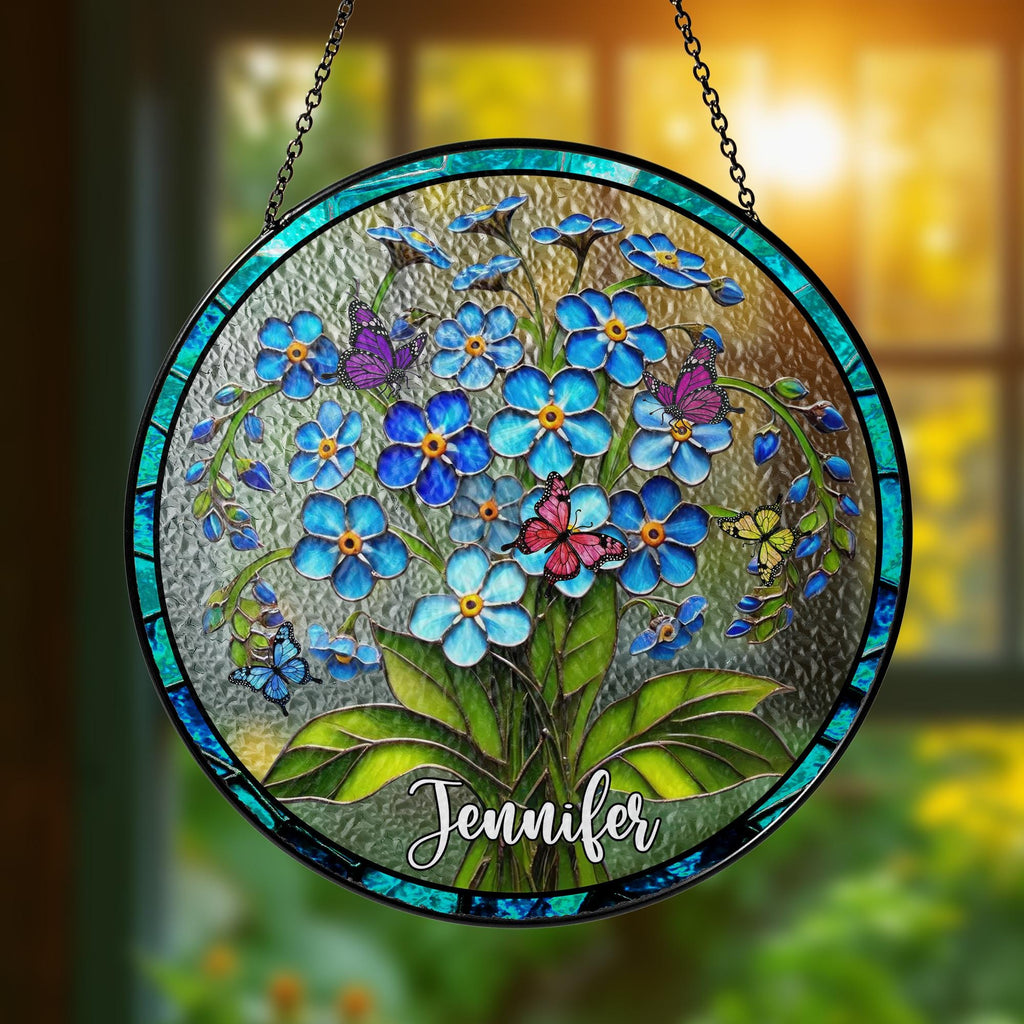 Personalized Forget Me Not Flower Stained Glass Suncatcher with Butterflies, Custom Name Floral Window Hanging Gift