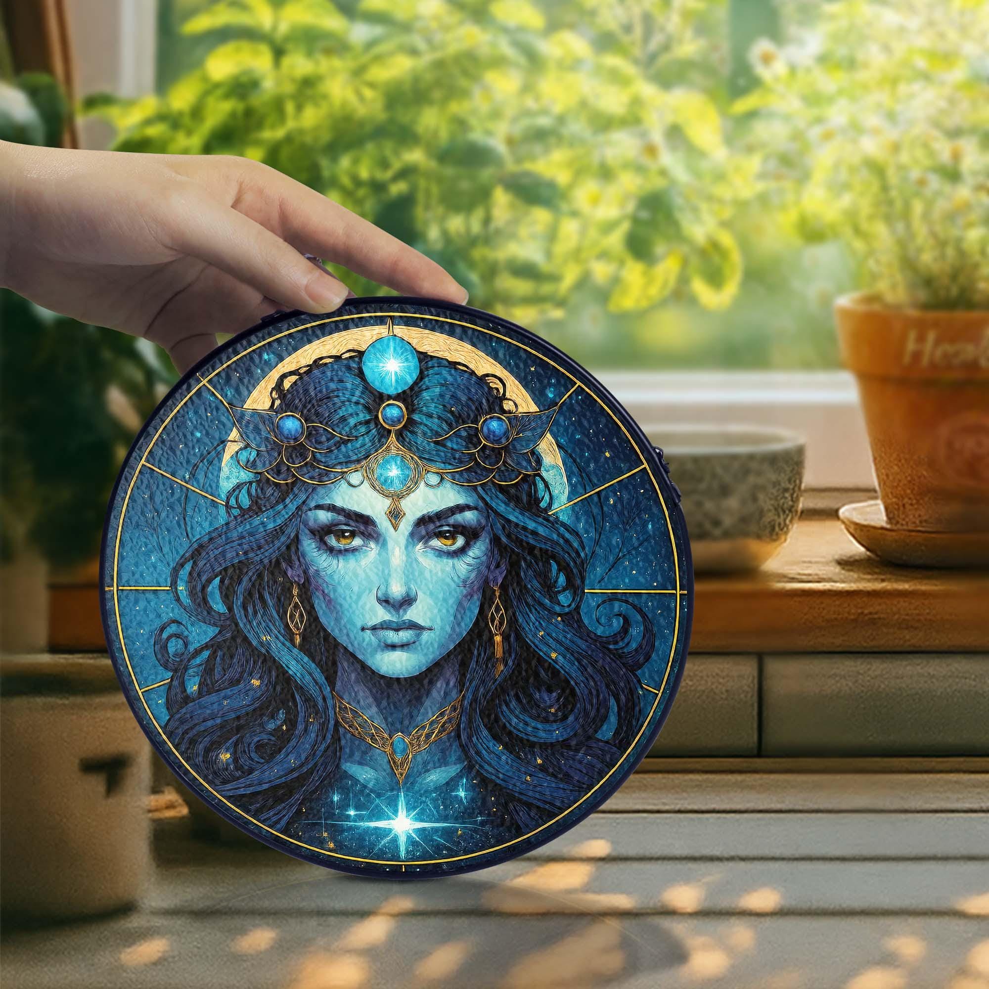 Goddess Hecate Stained Glass Suncatcher, Mystical Goddess Stained Glass Suncatcher, Celestial Blue Woman Art, Moon and Stars Window Hanging