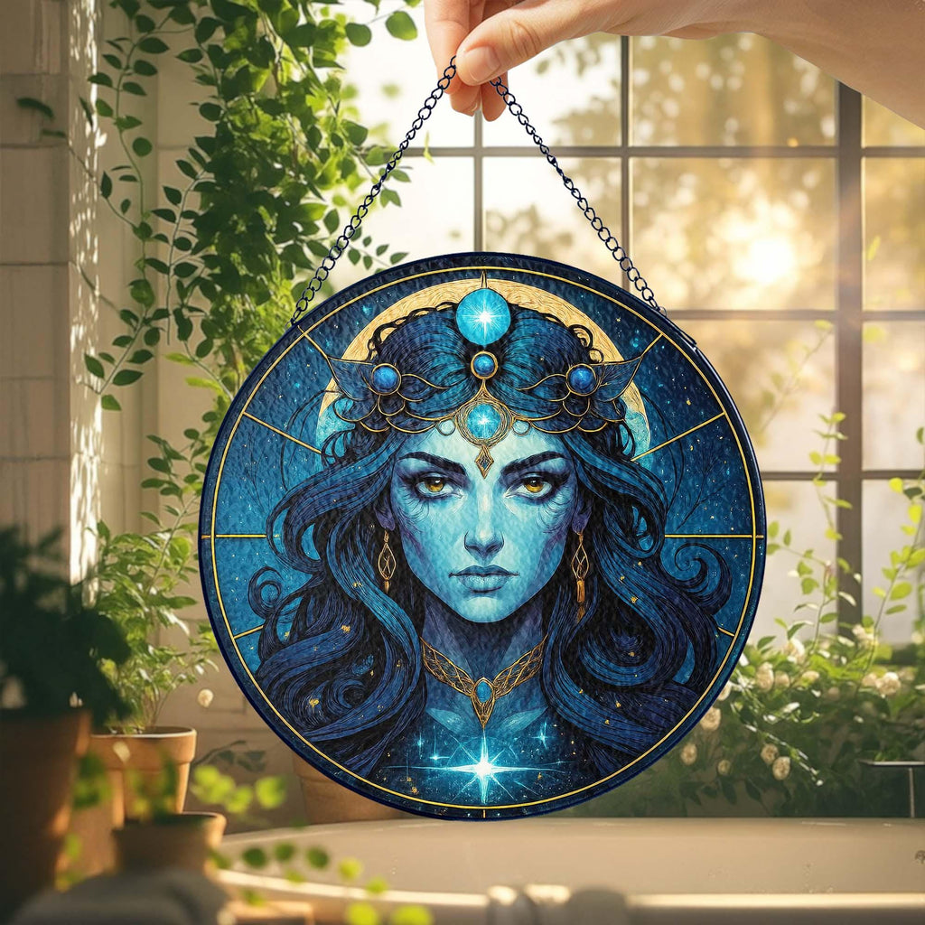 Goddess Hecate Stained Glass Suncatcher, Mystical Goddess Stained Glass Suncatcher, Celestial Blue Woman Art, Moon and Stars Window Hanging
