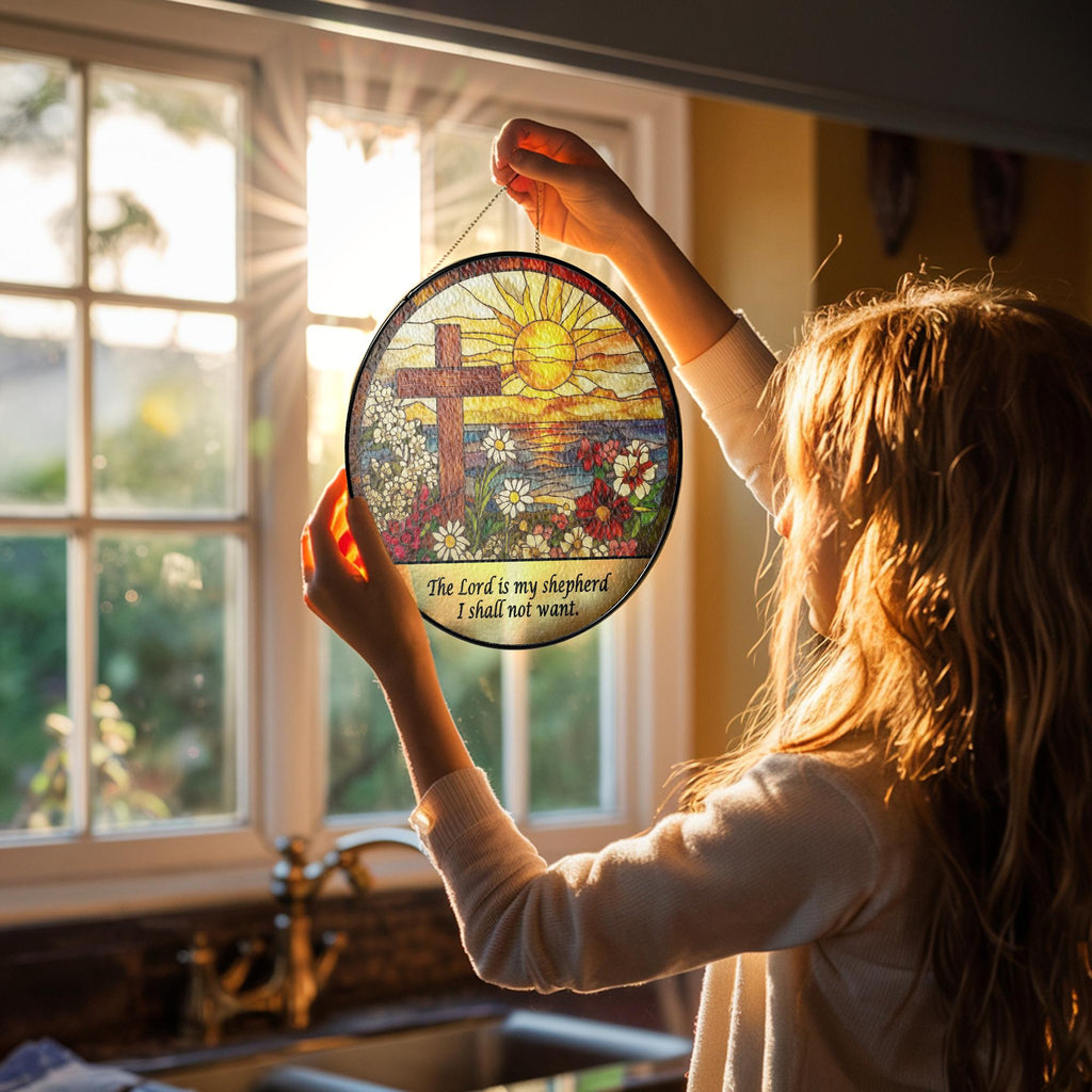 Custom Christian Cross Suncatcher, Religious Window Hanging with Flowers and Sunrise, Memorial Faith Gift for Believers