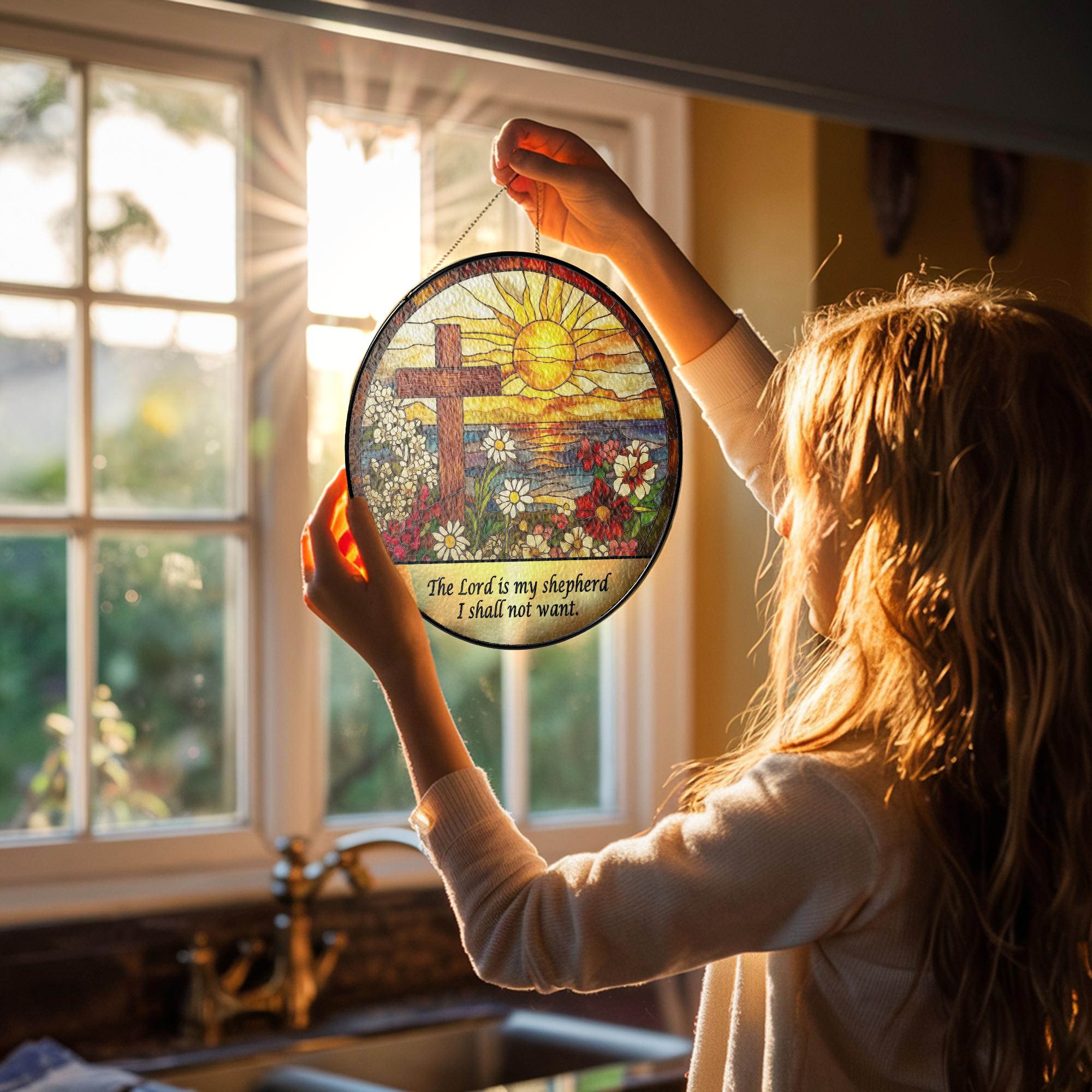 Custom Christian Cross Suncatcher, Religious Window Hanging with Flowers and Sunrise, Memorial Faith Gift for Believers