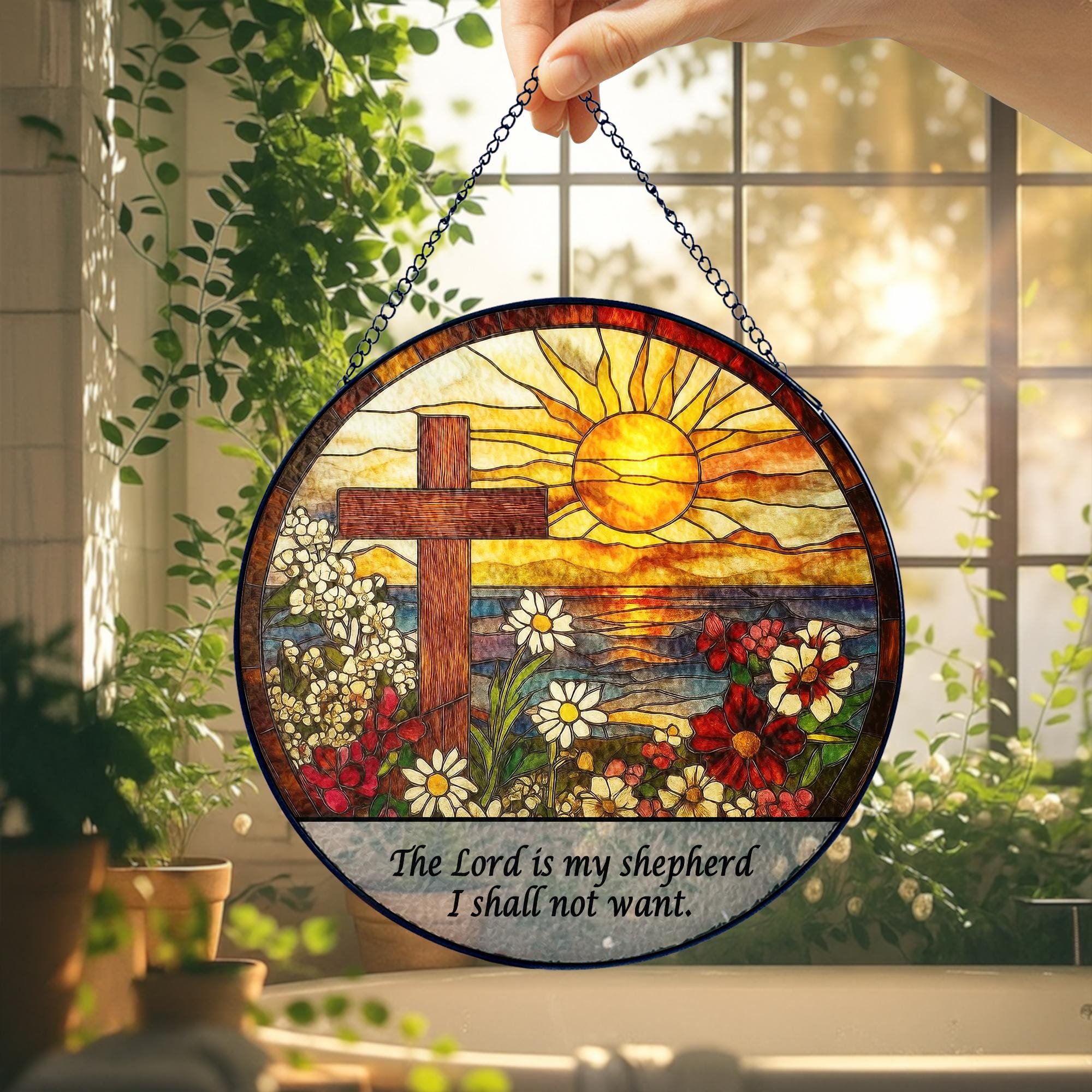 Custom Christian Cross Suncatcher, Religious Window Hanging with Flowers and Sunrise, Memorial Faith Gift for Believers