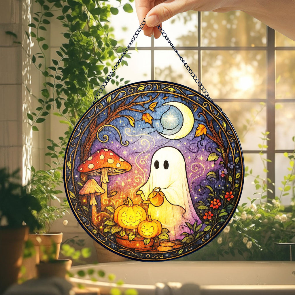 Cute Ghost Greenhouse Stained Glass Suncatcher, Halloween Ghost Acrylic Window Hangings, Plant Lovers Gift, Halloween Home Decor