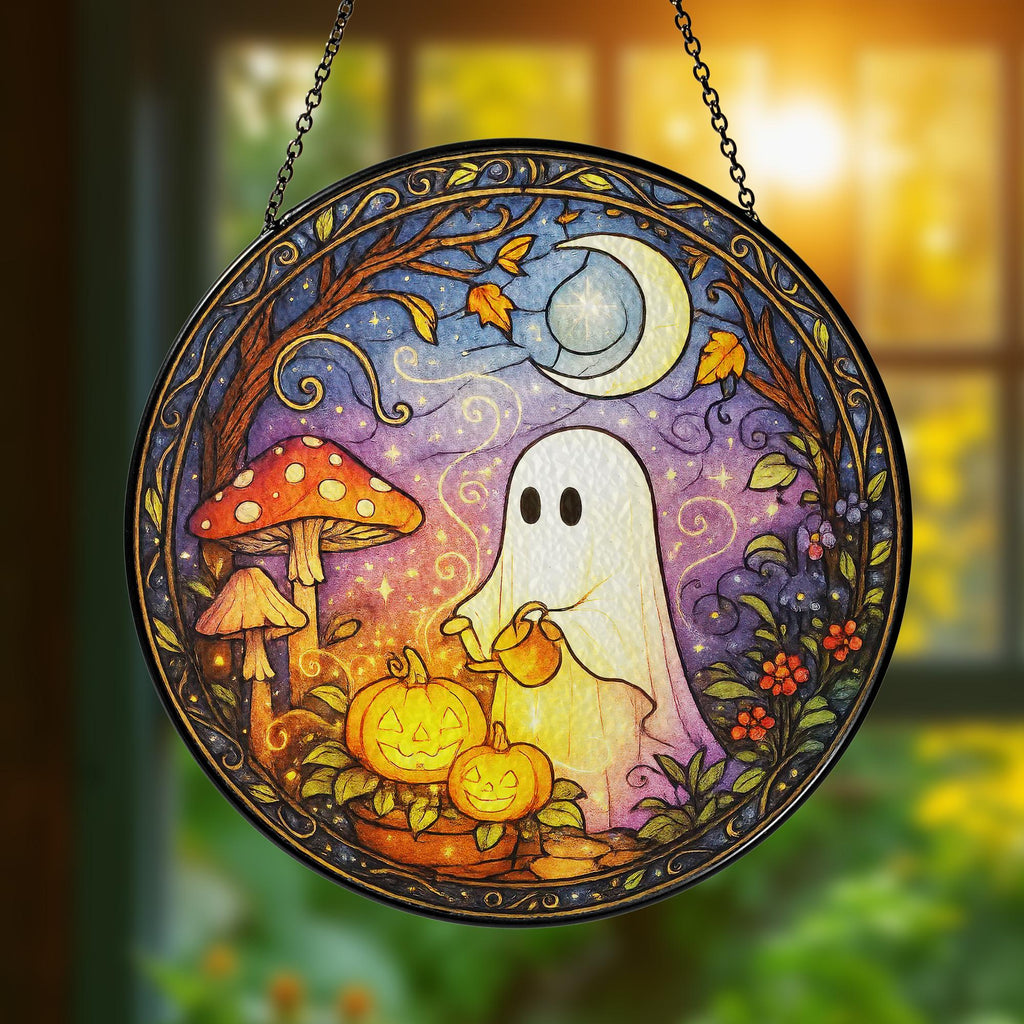 Cute Ghost Greenhouse Stained Glass Suncatcher, Halloween Ghost Acrylic Window Hangings, Plant Lovers Gift, Halloween Home Decor