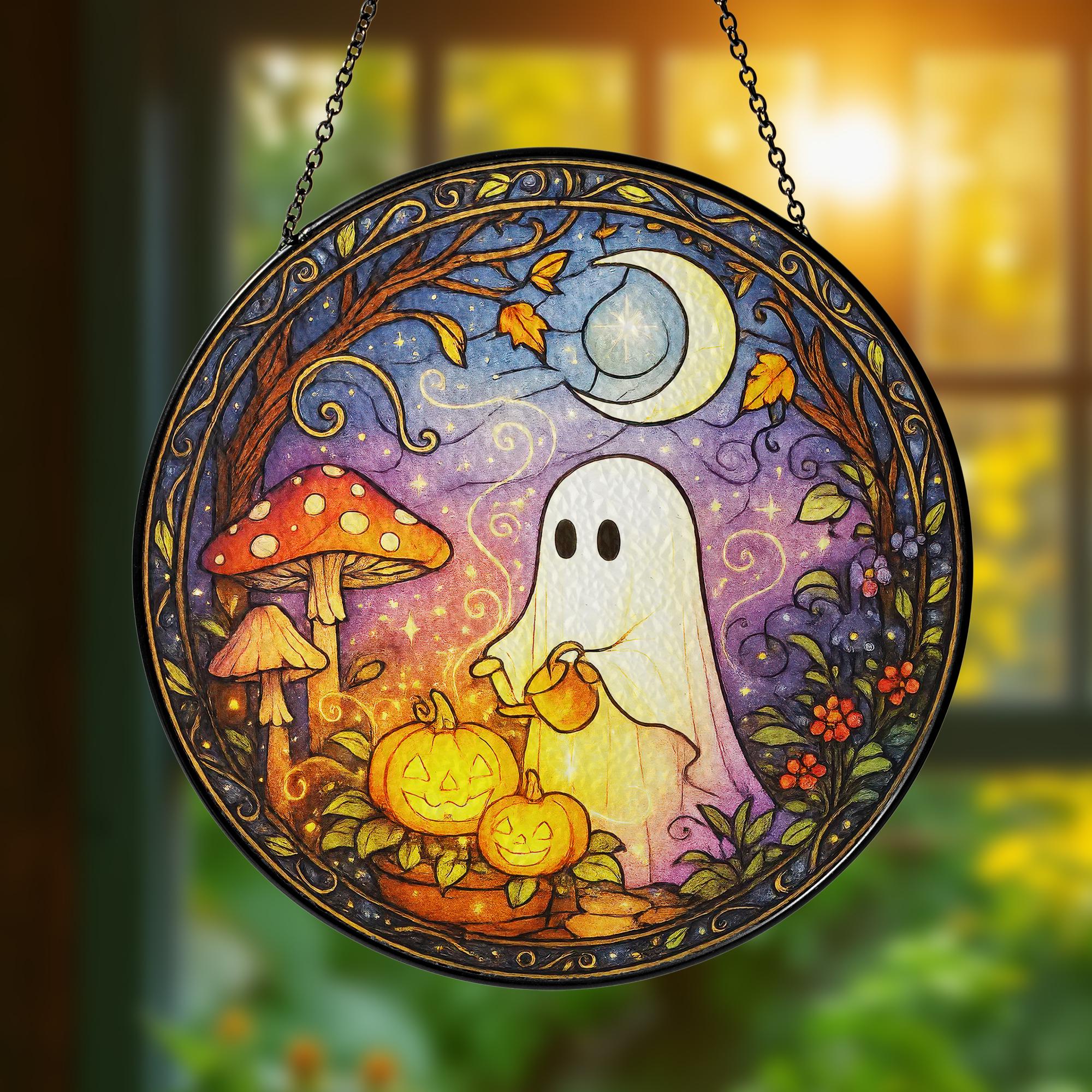 Cute Ghost Greenhouse Stained Glass Suncatcher, Halloween Ghost Acrylic Window Hangings, Plant Lovers Gift, Halloween Home Decor