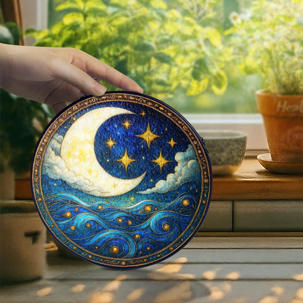 Moon and Star Stained Glass Suncatcher, Suncatcher Glass Gift for Friend, Spiritual Home Decor for Windows, Celestial Night Sky Ornament