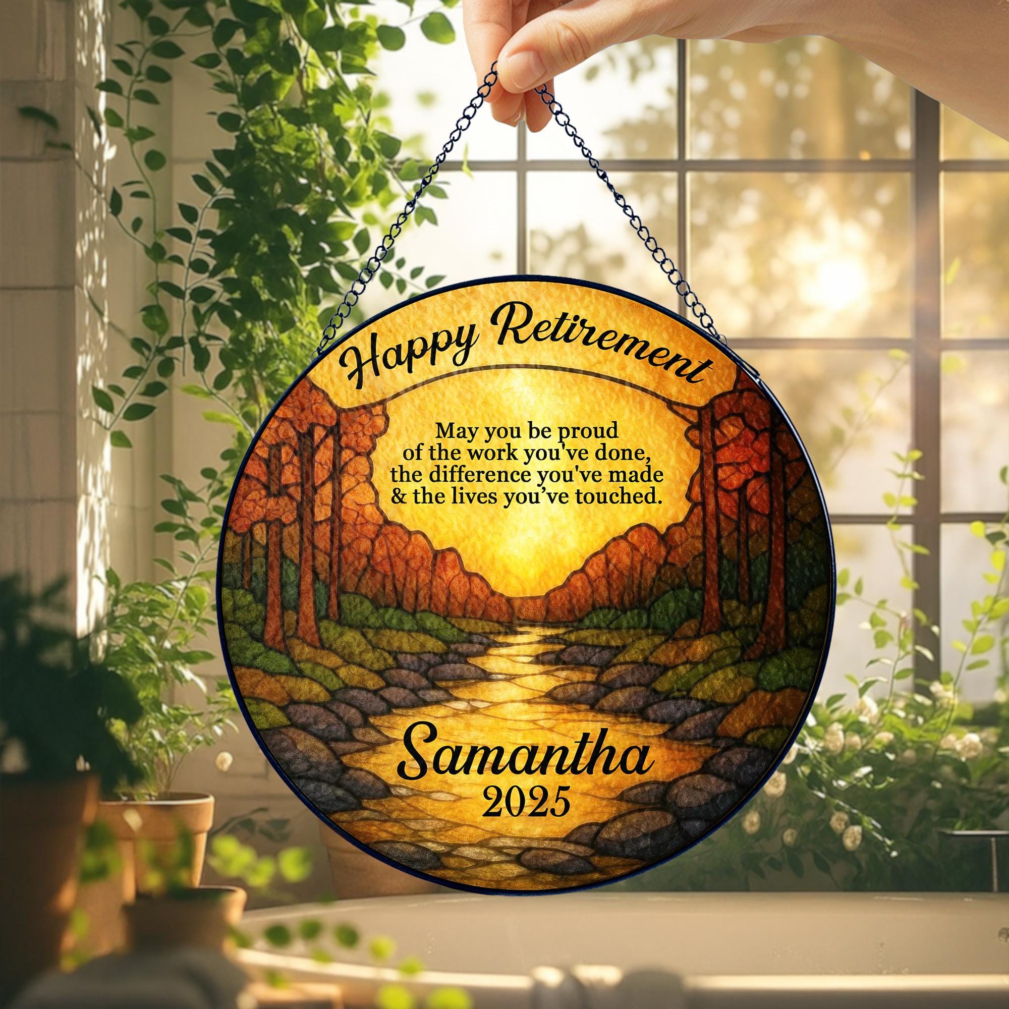 Personalized Stained Glass Suncatcher for Retired Coworker, Retirement Gifts 2025, Retirement Keepsake, Custom Office Decor