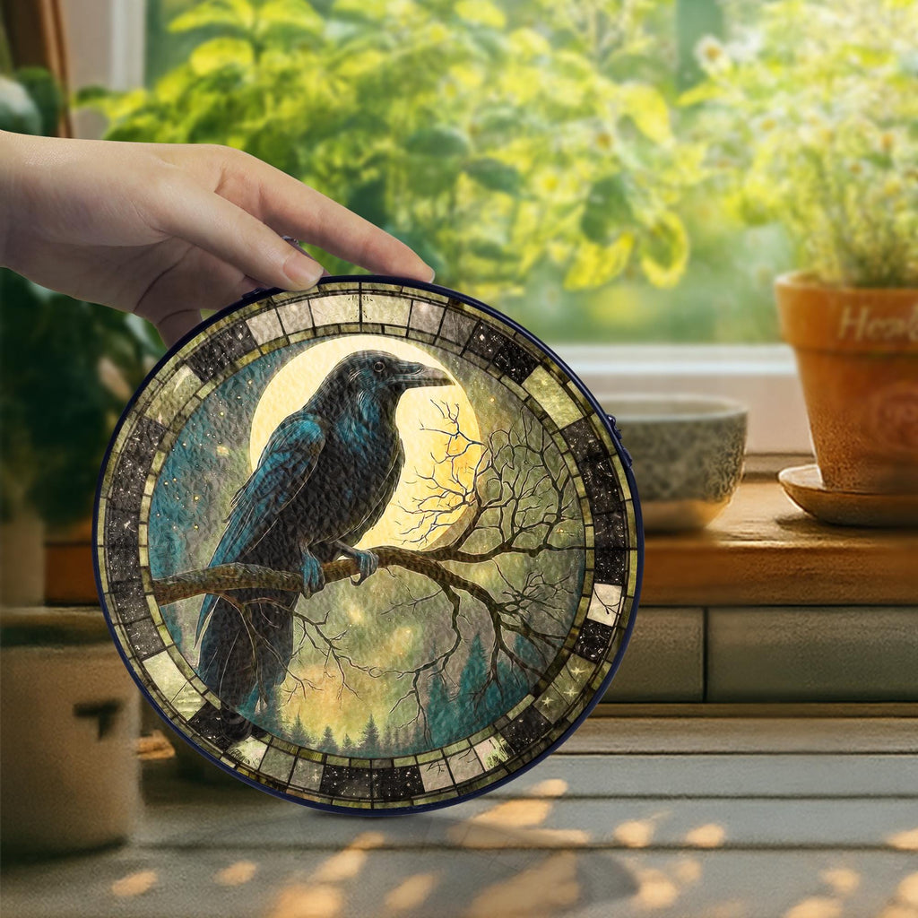 Raven and Full Moon Stained Glass Suncatcher, Gothic Bird Window Hanging, Dark Forest Witchy Decor, Mystical Halloween Gift for Raven Lover