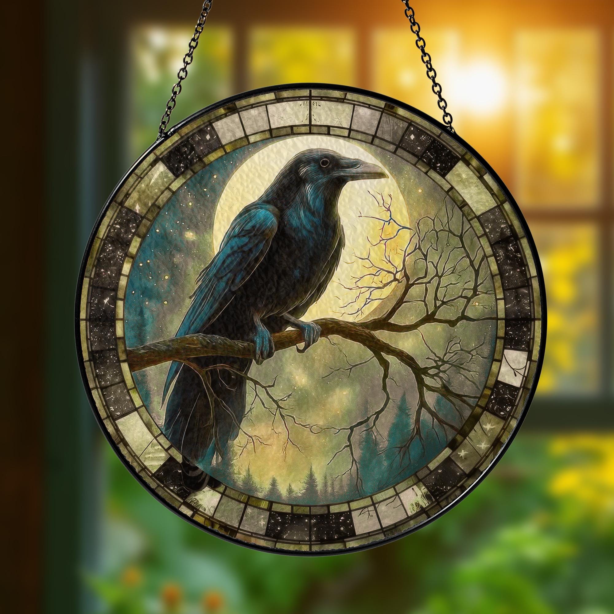 Raven and Full Moon Stained Glass Suncatcher, Gothic Bird Window Hanging, Dark Forest Witchy Decor, Mystical Halloween Gift for Raven Lover