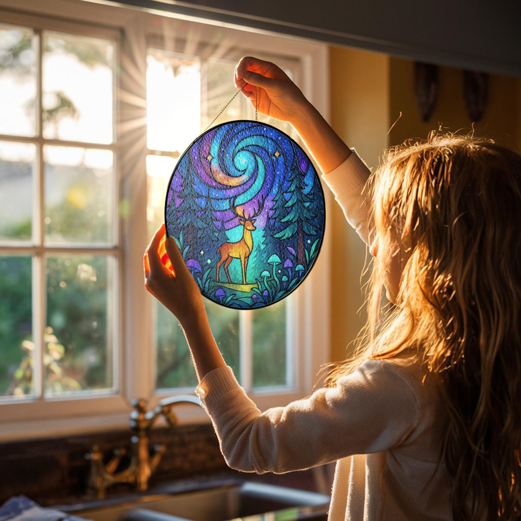Galaxy Deer Stained Glass Suncatcher, Mystical Forest Window Hanging, Celestial Woodland Decor, Spiritual Wildlife Gift for Nature Lovers