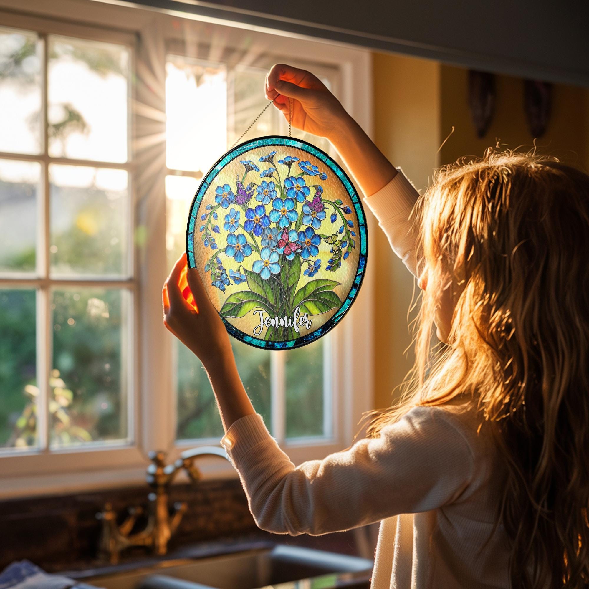 Personalized Forget Me Not Flower Stained Glass Suncatcher with Butterflies, Custom Name Floral Window Hanging Gift