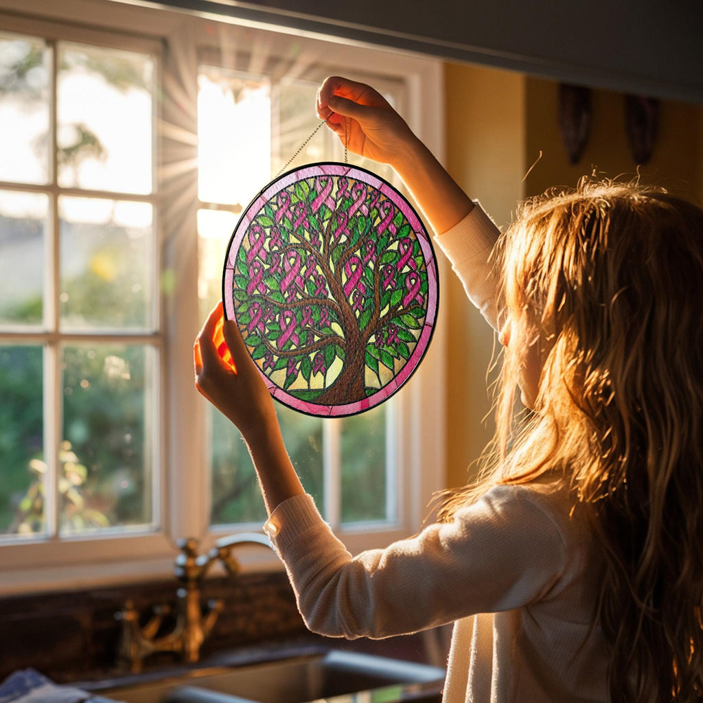 Breast Cancer Awareness Tree Stained Glass Suncatcher, Pink Ribbon Tree of Life, Support Breast Cancer Fighters, Hope & Strength Gift