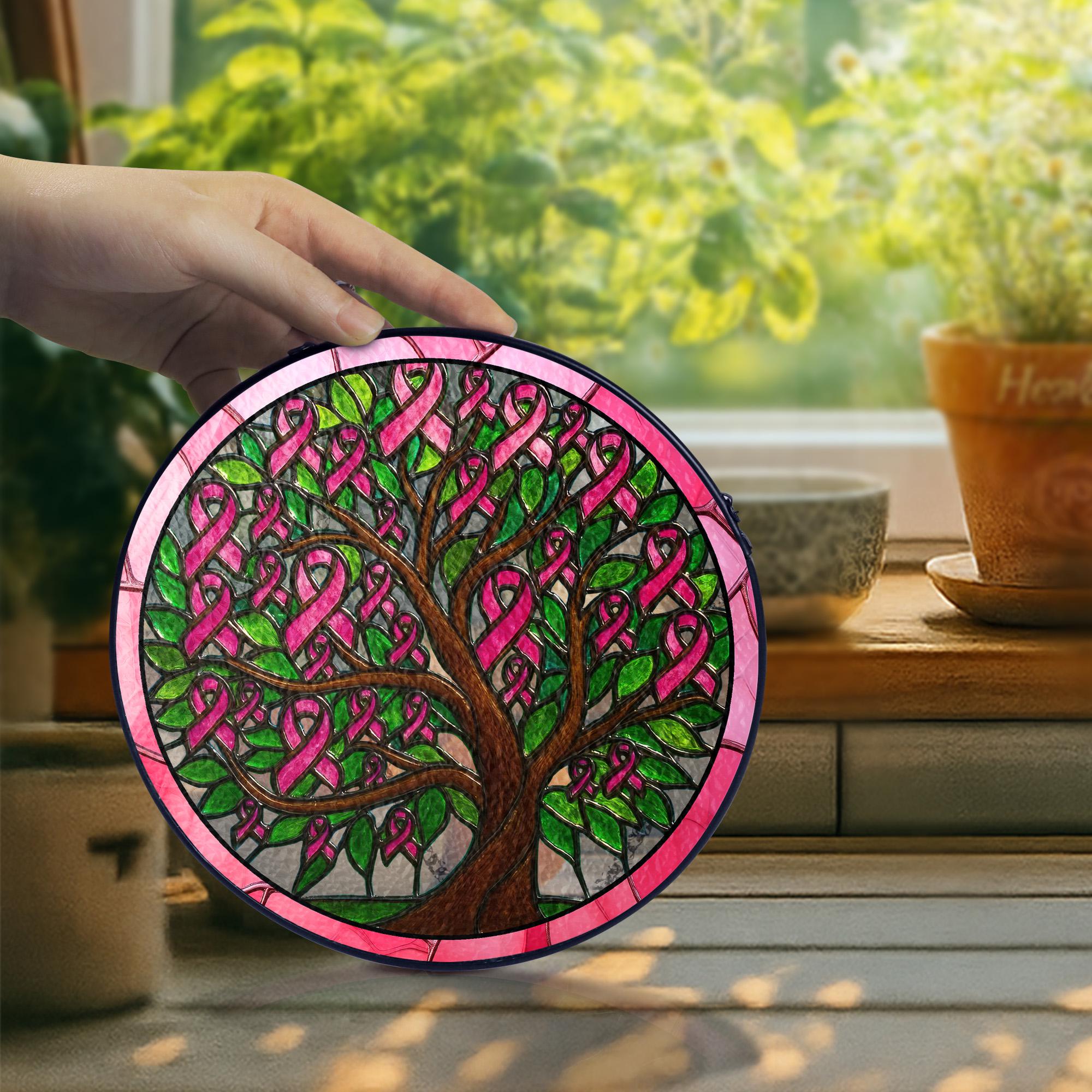 Breast Cancer Awareness Tree Stained Glass Suncatcher, Pink Ribbon Tree of Life, Support Breast Cancer Fighters, Hope & Strength Gift
