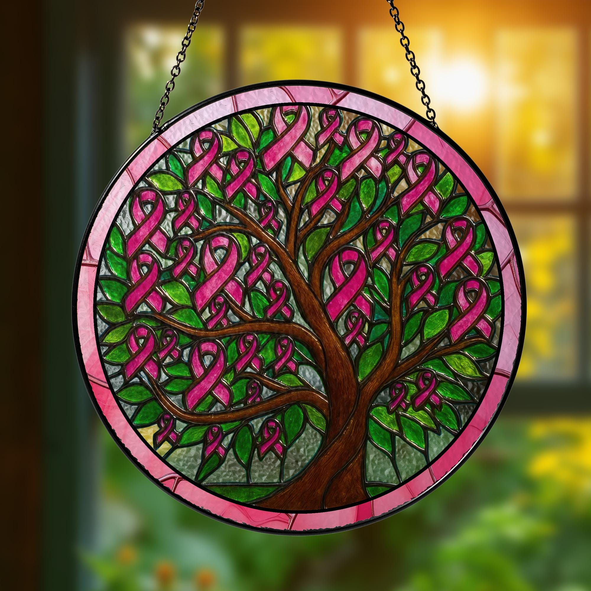 Breast Cancer Awareness Tree Stained Glass Suncatcher, Pink Ribbon Tree of Life, Support Breast Cancer Fighters, Hope & Strength Gift