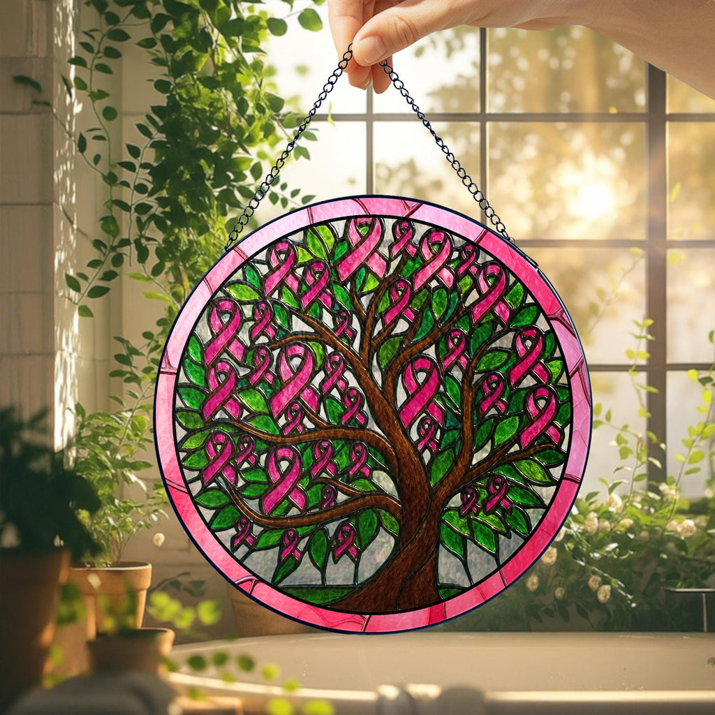 Breast Cancer Awareness Tree Stained Glass Suncatcher, Pink Ribbon Tree of Life, Support Breast Cancer Fighters, Hope & Strength Gift