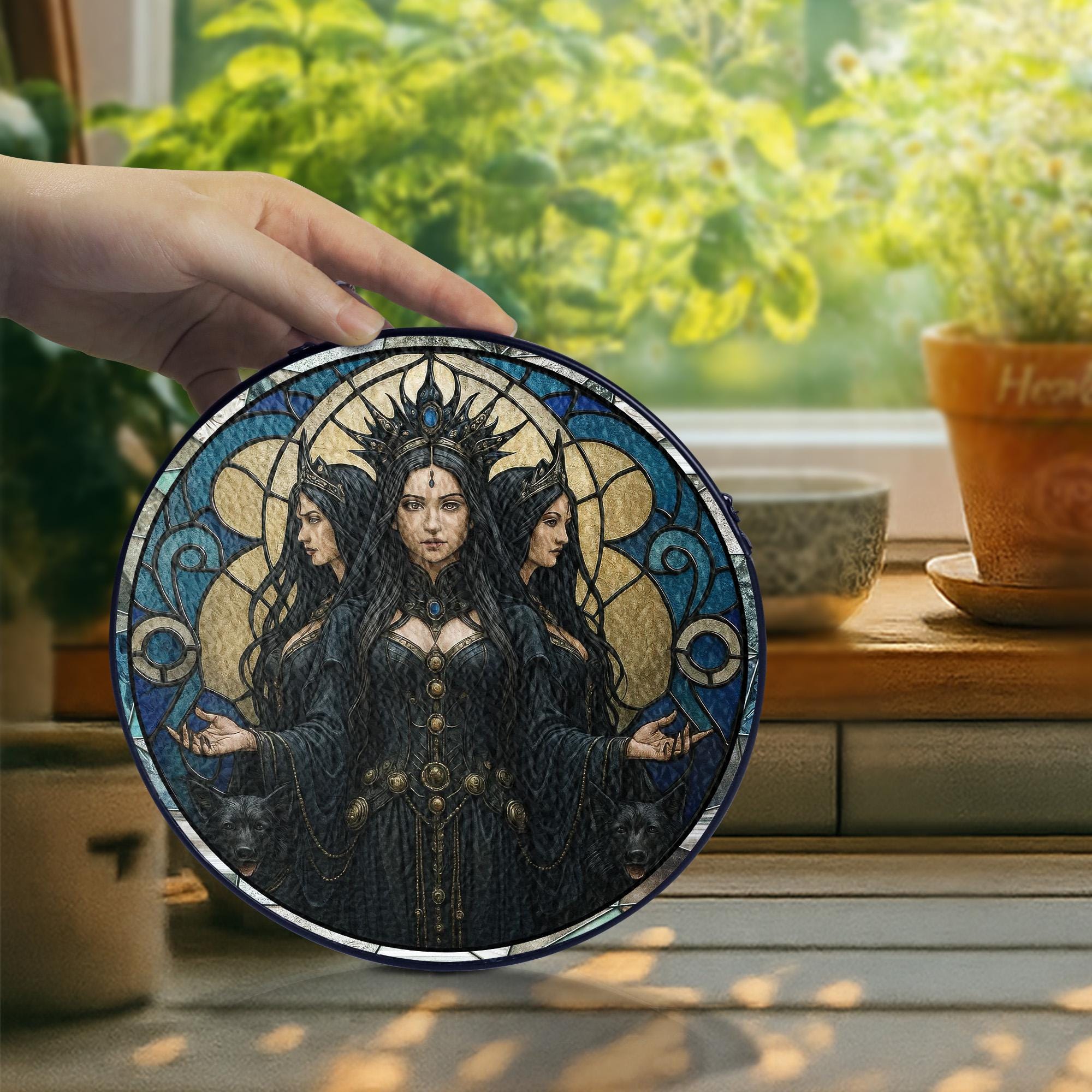 Mystical Triple Goddess Stained Glass Suncatcher, Hecate Witchcraft Pagan Decor, Gothic Witch Window Hanging, Wiccan Spiritual Gift