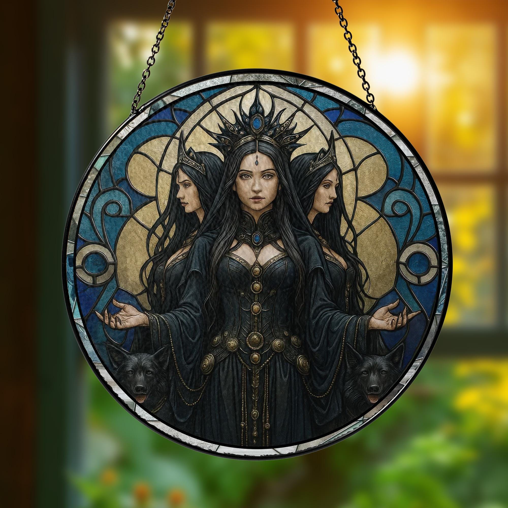 Mystical Triple Goddess Stained Glass Suncatcher, Hecate Witchcraft Pagan Decor, Gothic Witch Window Hanging, Wiccan Spiritual Gift