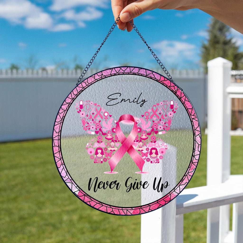 Personalized Breast Cancer Awareness Stained Glass Suncatcher, Pink Ribbon Angel Wings Window Hanging, Survivor Gift, Never Give Up Decor