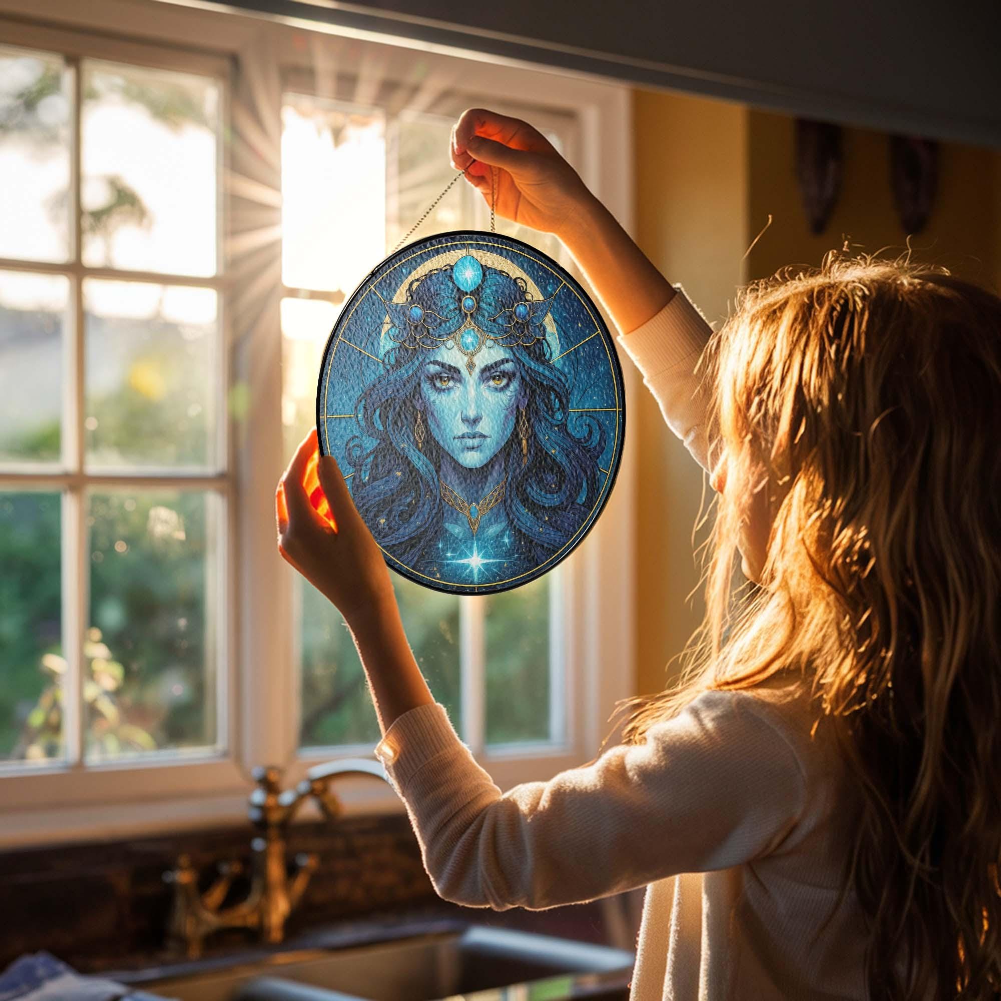 Goddess Hecate Stained Glass Suncatcher, Mystical Goddess Stained Glass Suncatcher, Celestial Blue Woman Art, Moon and Stars Window Hanging