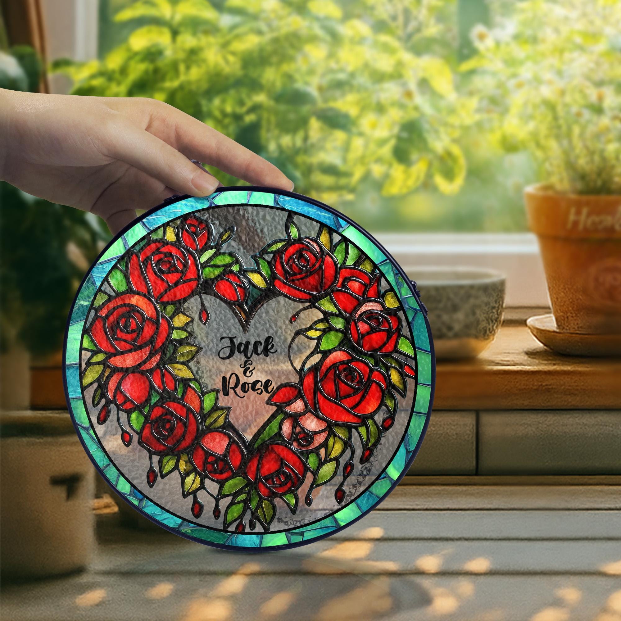 Personalized Stained Glass Rose Heart Suncatcher, Custom Name Red Roses Window Hanging Gift, Romantic Anniversary Wedding Decor