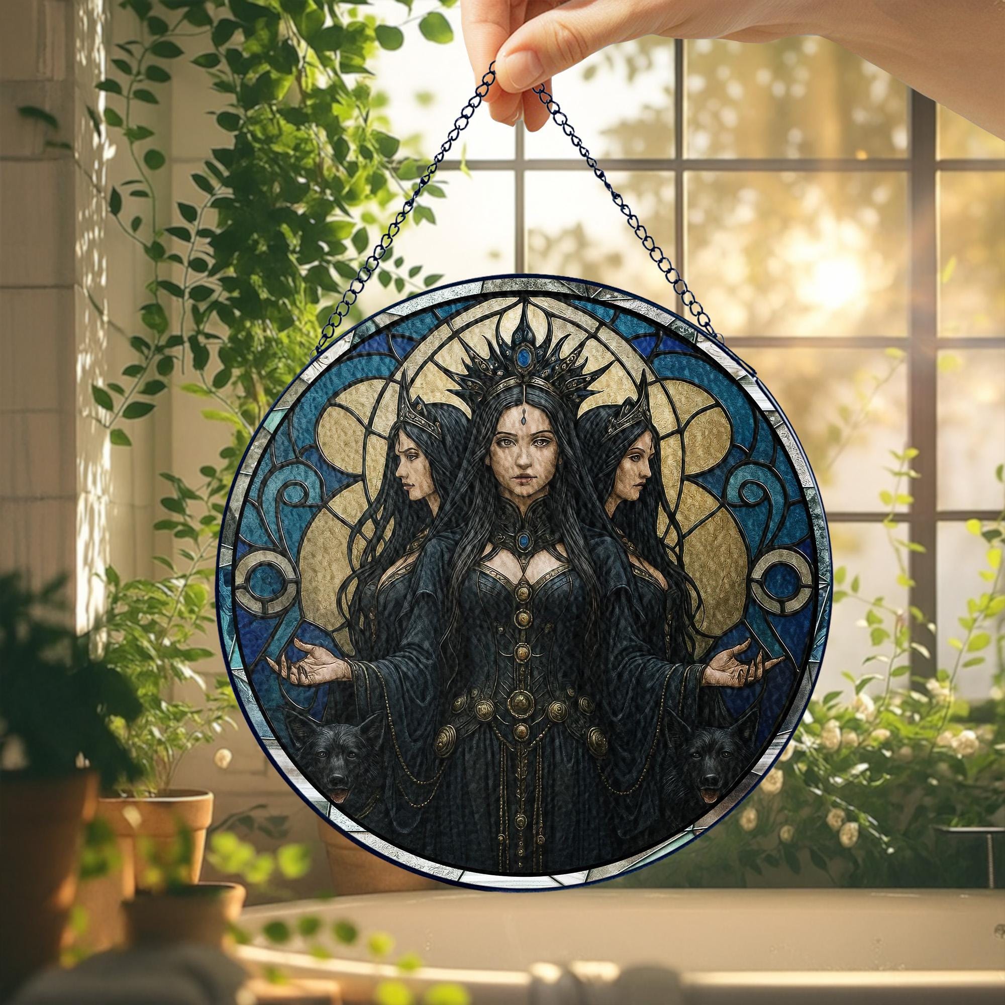 Mystical Triple Goddess Stained Glass Suncatcher, Hecate Witchcraft Pagan Decor, Gothic Witch Window Hanging, Wiccan Spiritual Gift