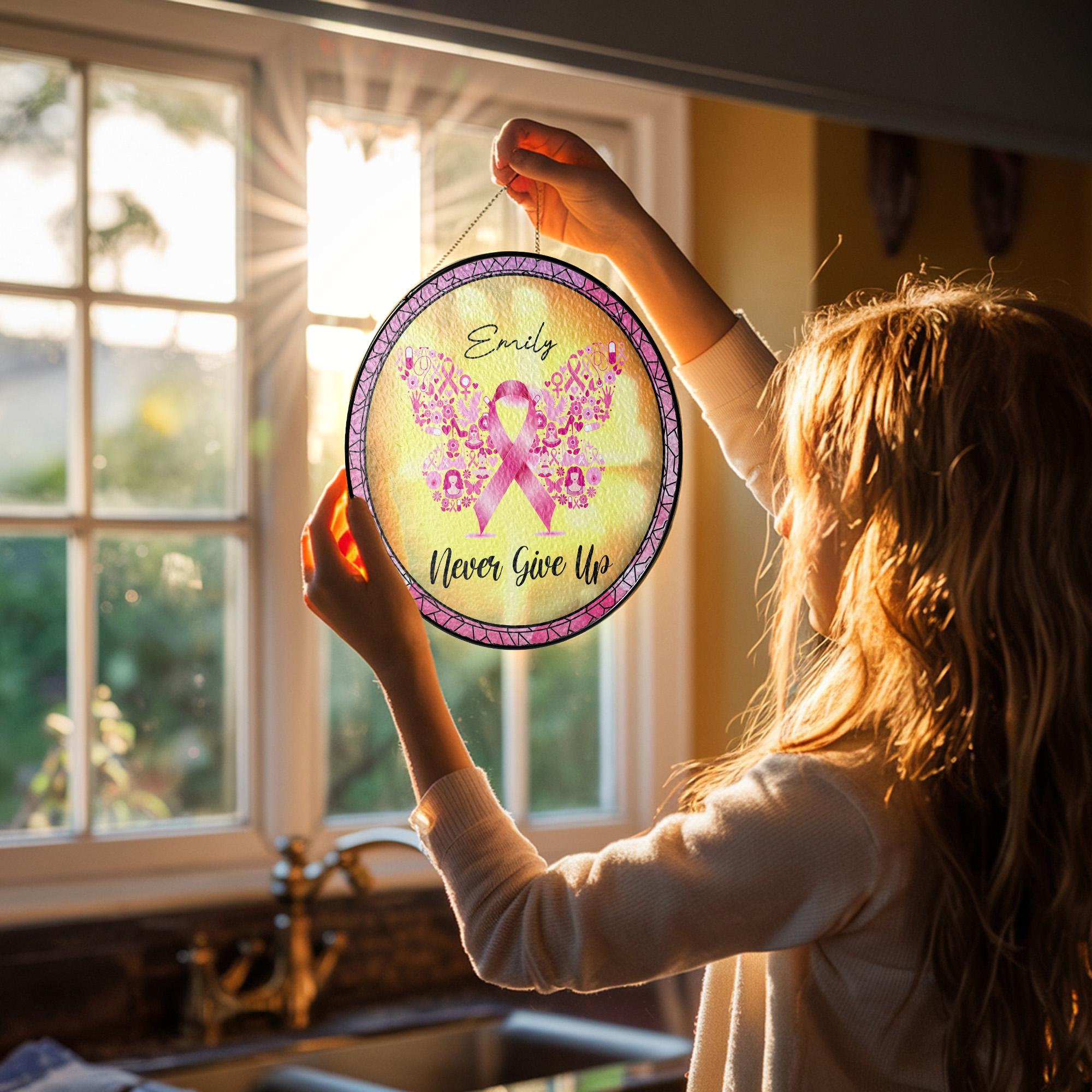 Personalized Breast Cancer Awareness Stained Glass Suncatcher, Pink Ribbon Angel Wings Window Hanging, Survivor Gift, Never Give Up Decor
